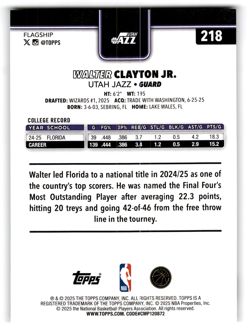 2025 Topps Walter Clayton Jr. #218 RC