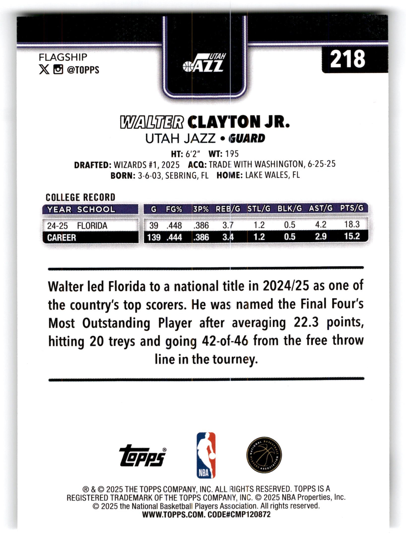 2025 Topps Walter Clayton Jr. #218 RC