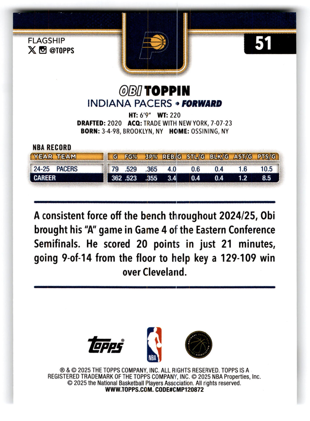 2025 Topps Flagship Obi Toppin #51