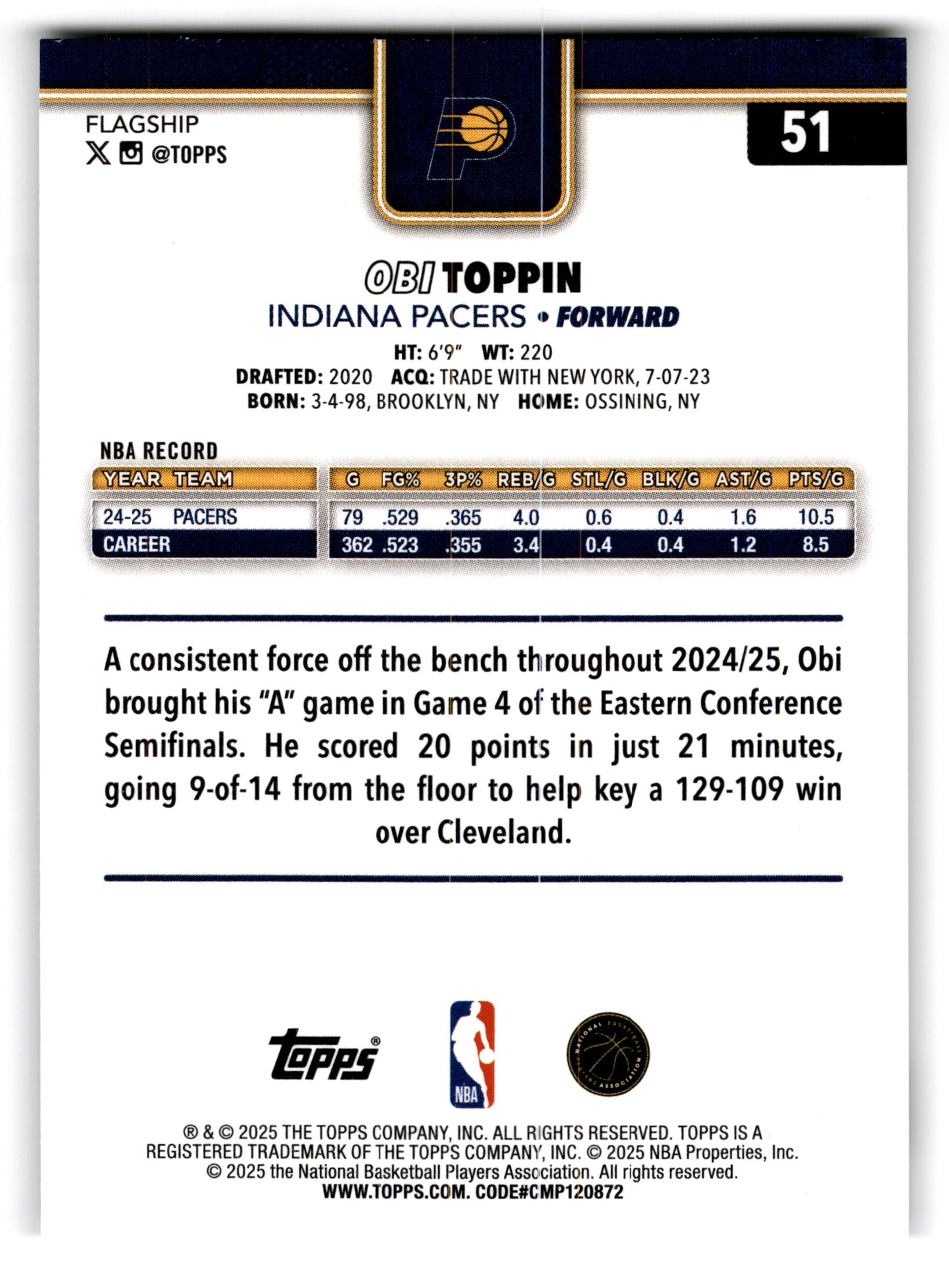 2025 Topps Flagship Obi Toppin #51