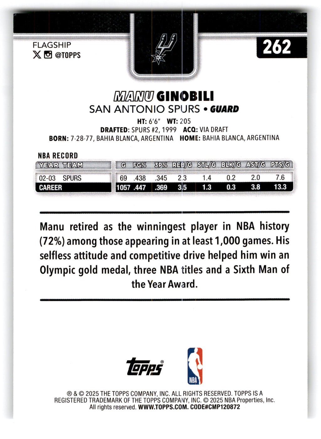 2025 Topps Flagship Manu Ginobili #262