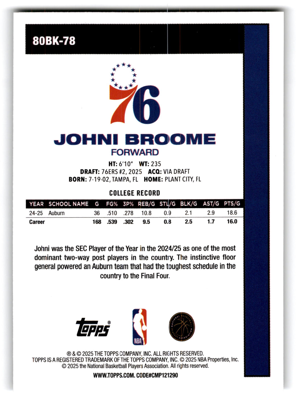 2025 Topps Basketball Johni Broome #80BK-78 RC