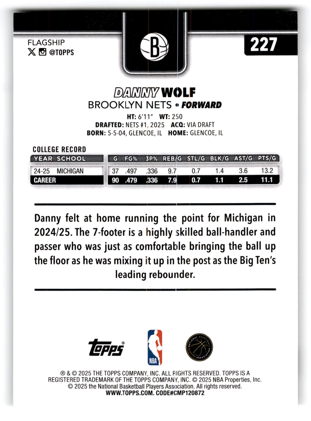 2025 Topps Flagship Danny Wolf #227 RC