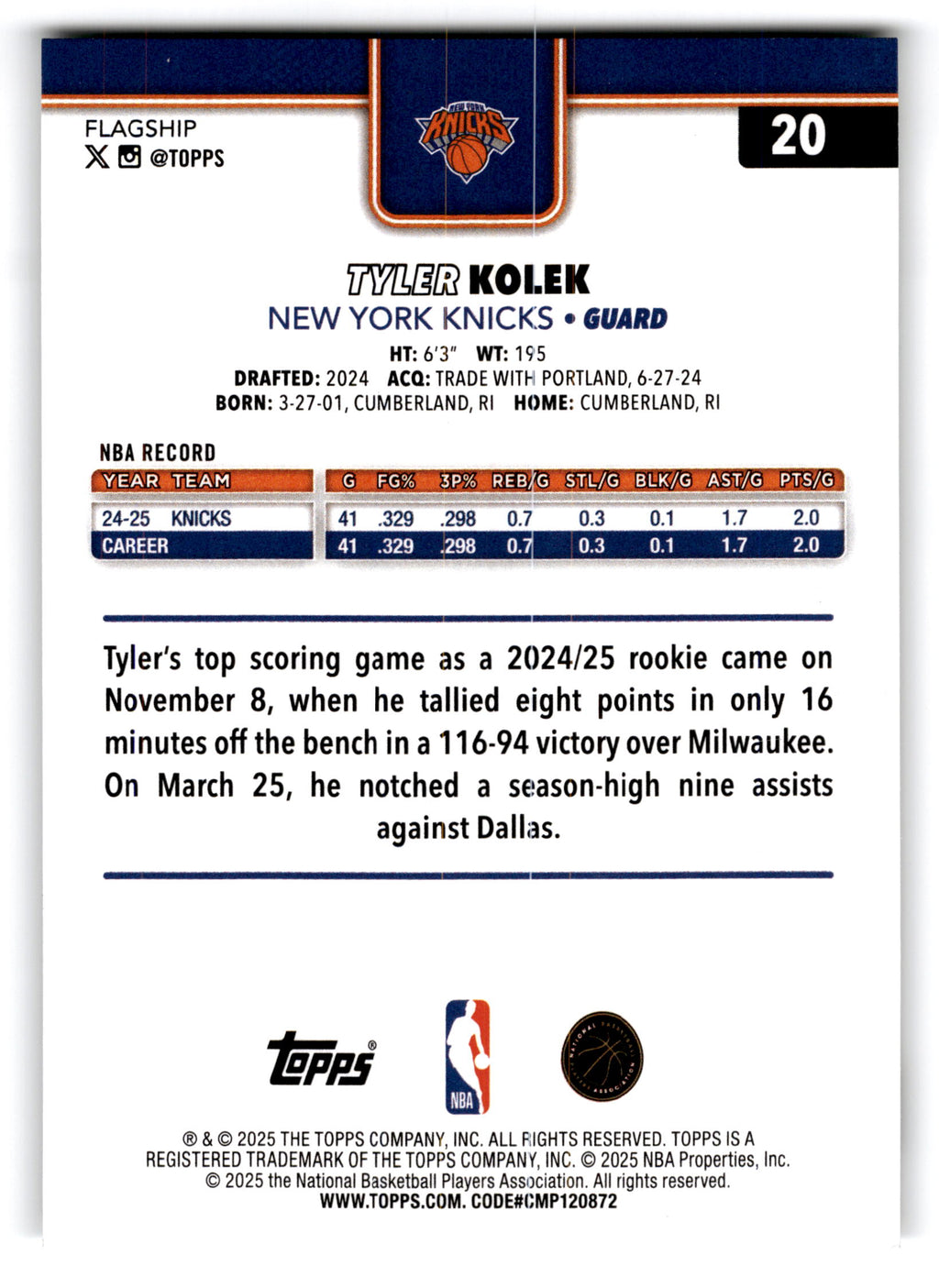 2025 Topps Flagship Tyler Kolek #20