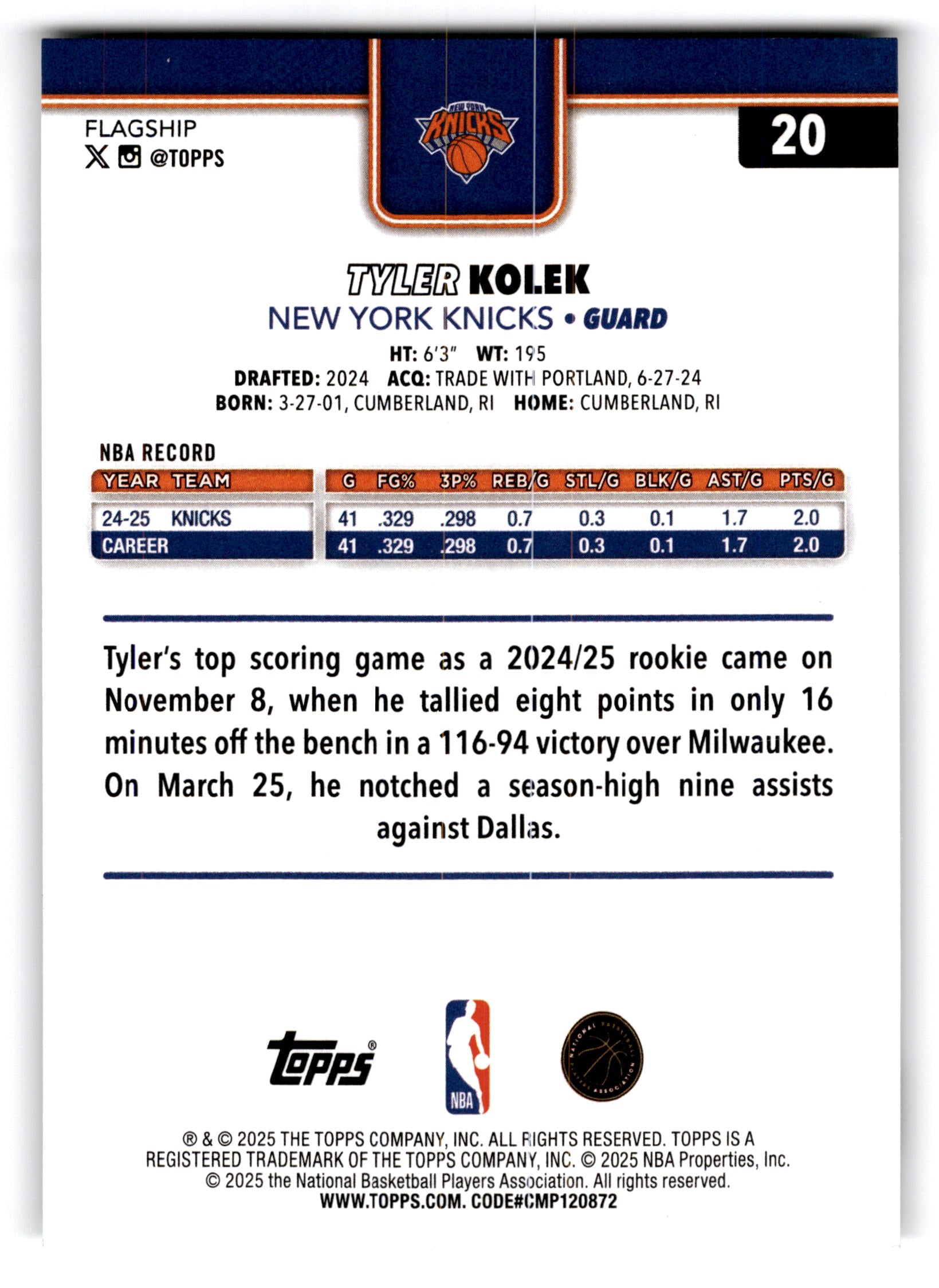 2025 Topps Flagship Tyler Kolek #20