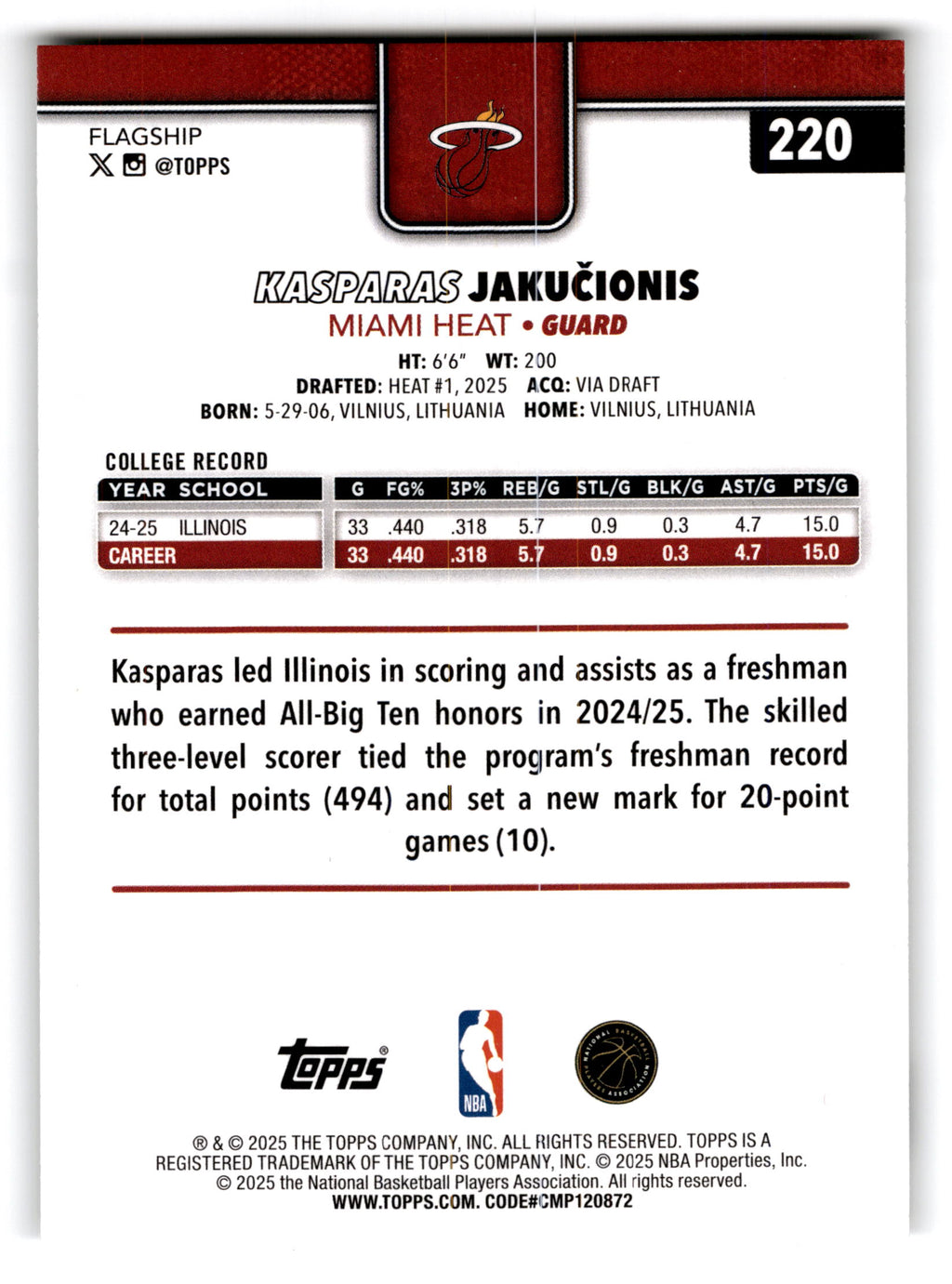 2025 Topps Kasparas Jakucionis #220 RC