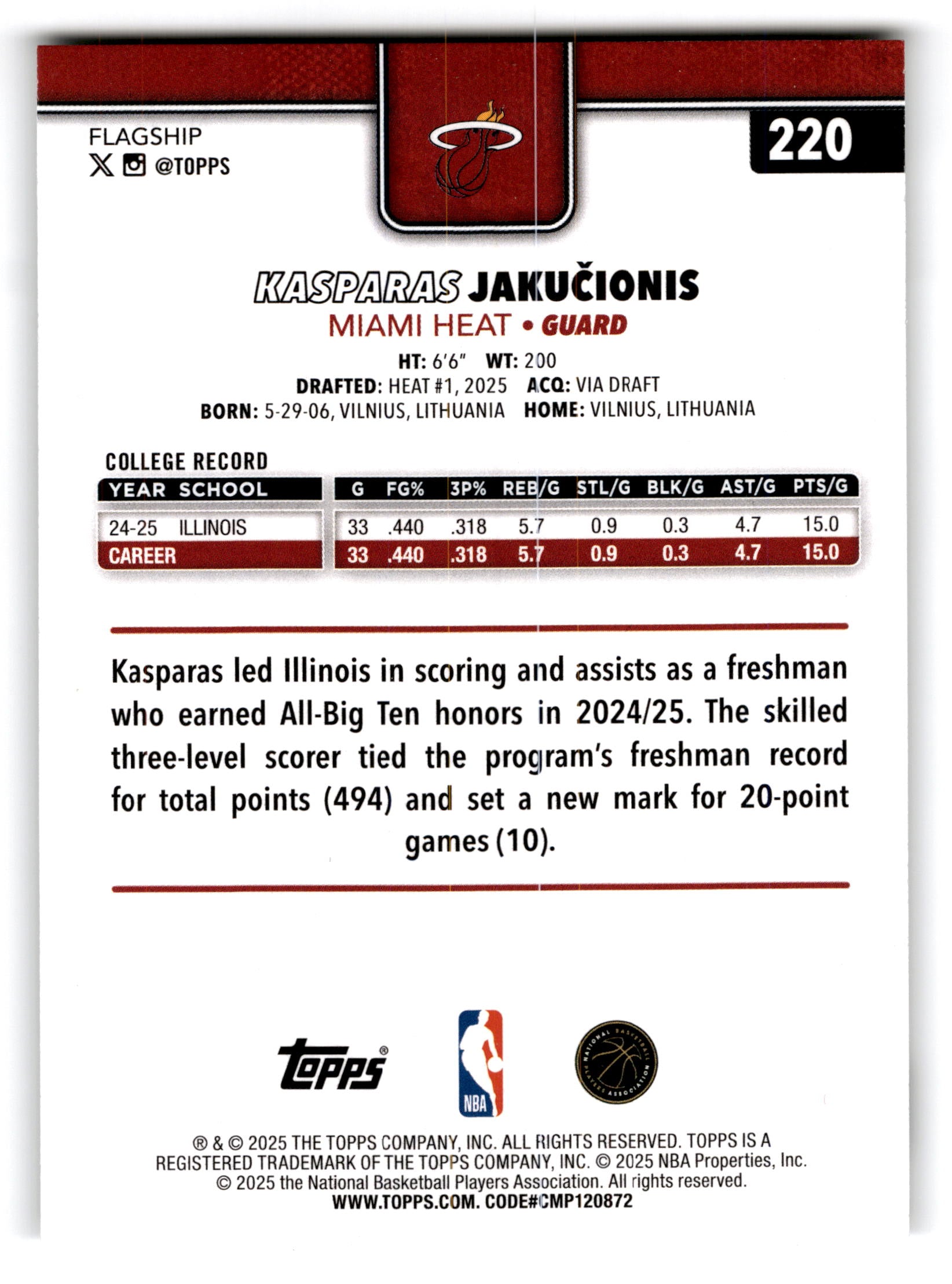 2025 Topps Kasparas Jakucionis #220 RC