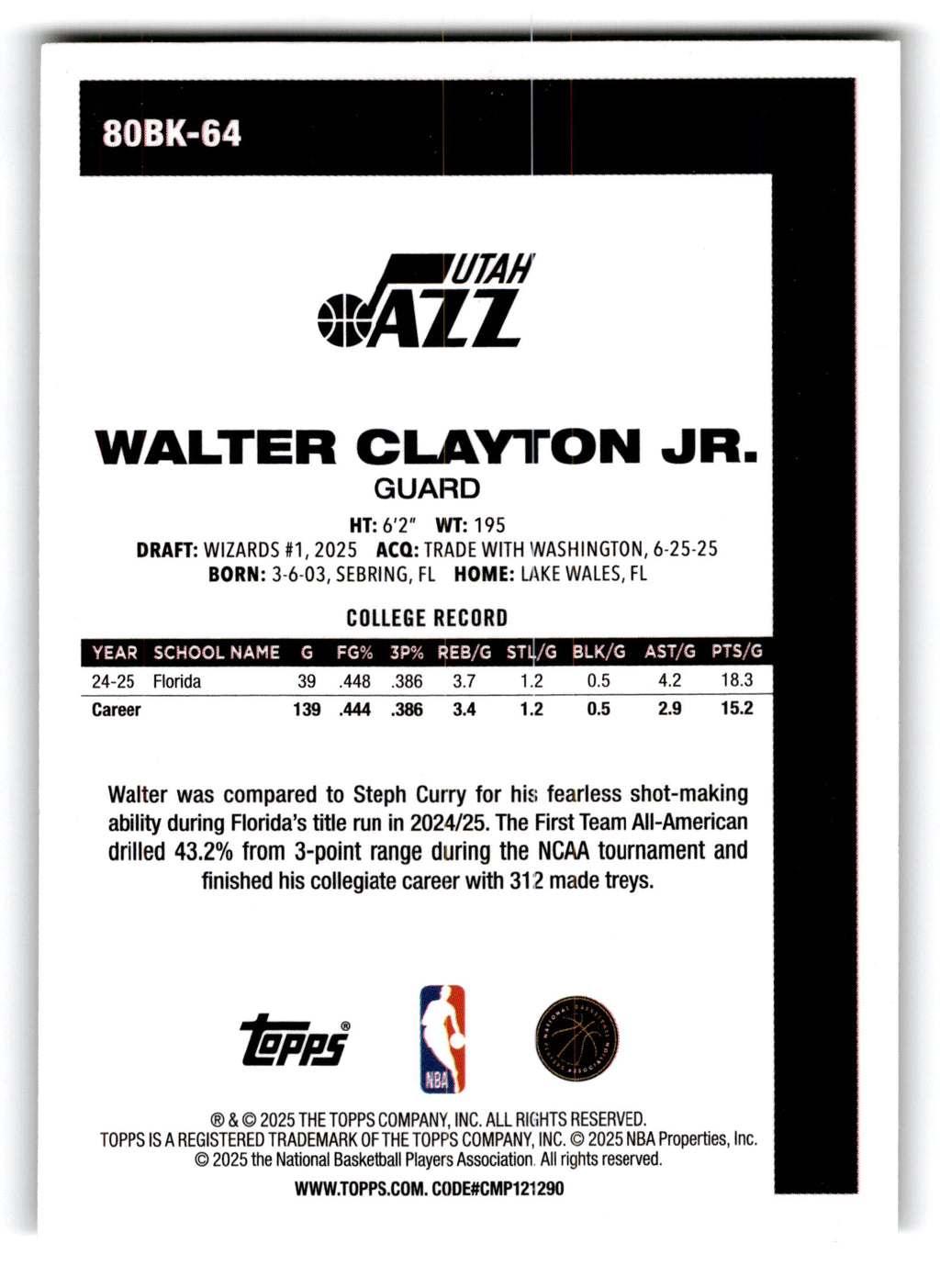 2025 Topps Walter Clayton Jr. #80BK-64 RC