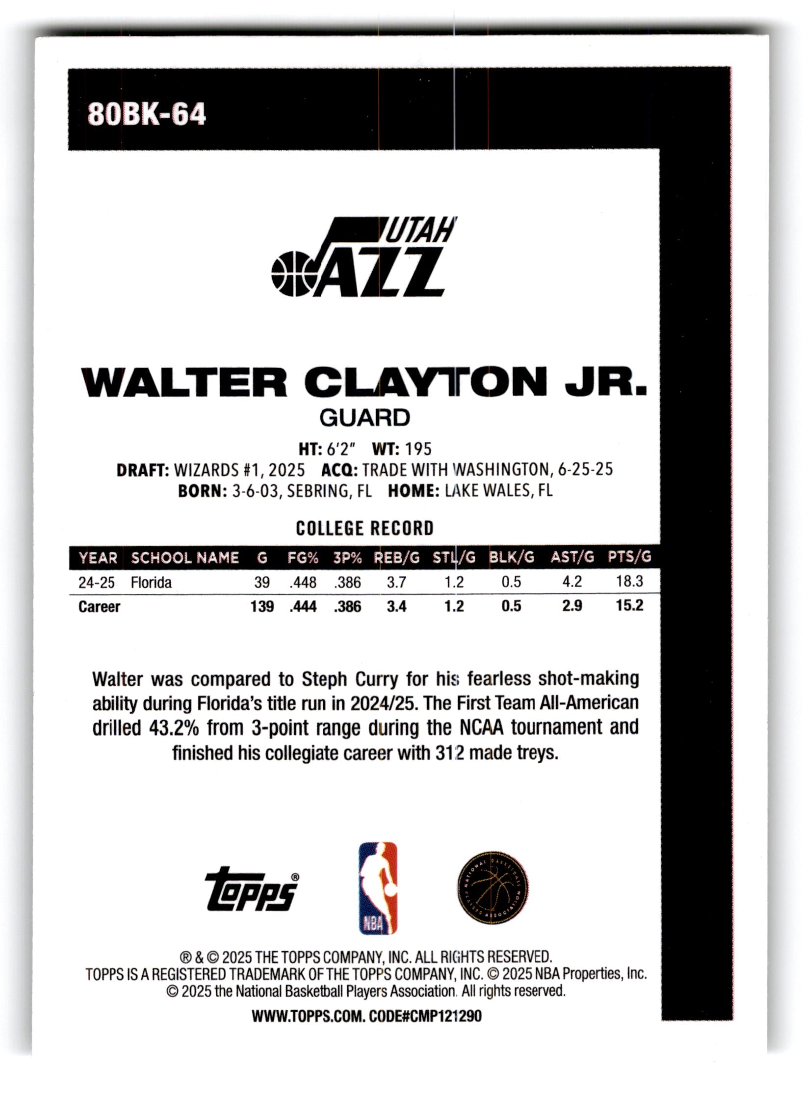 2025 Topps Walter Clayton Jr. #80BK-64 RC