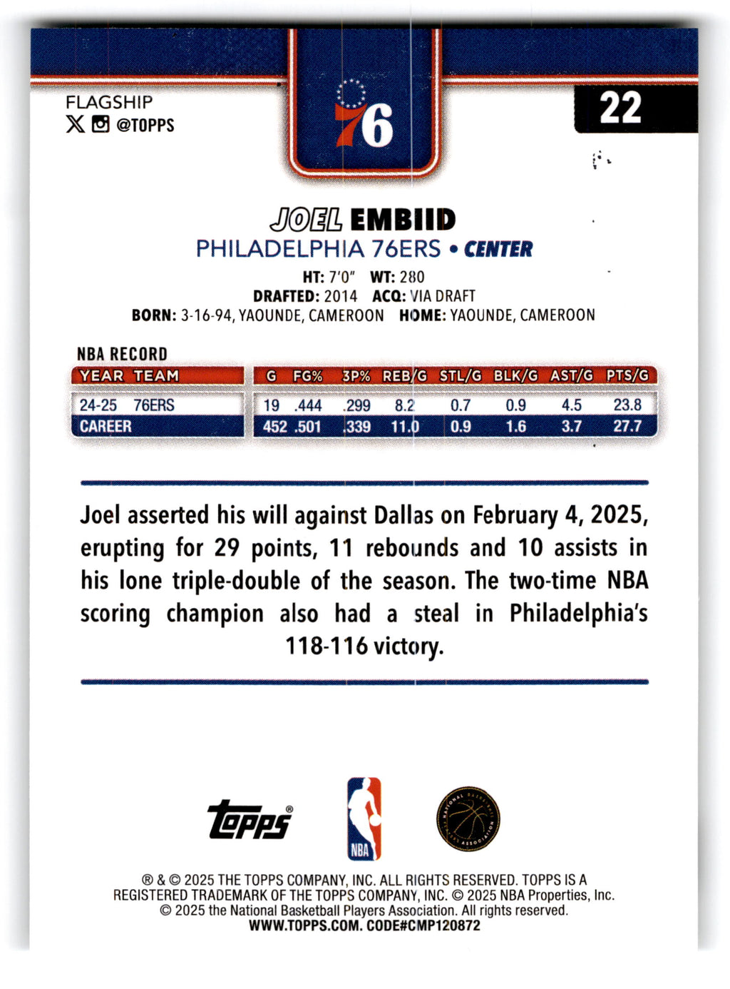 2025 Topps Flagship Joel Embiid #22