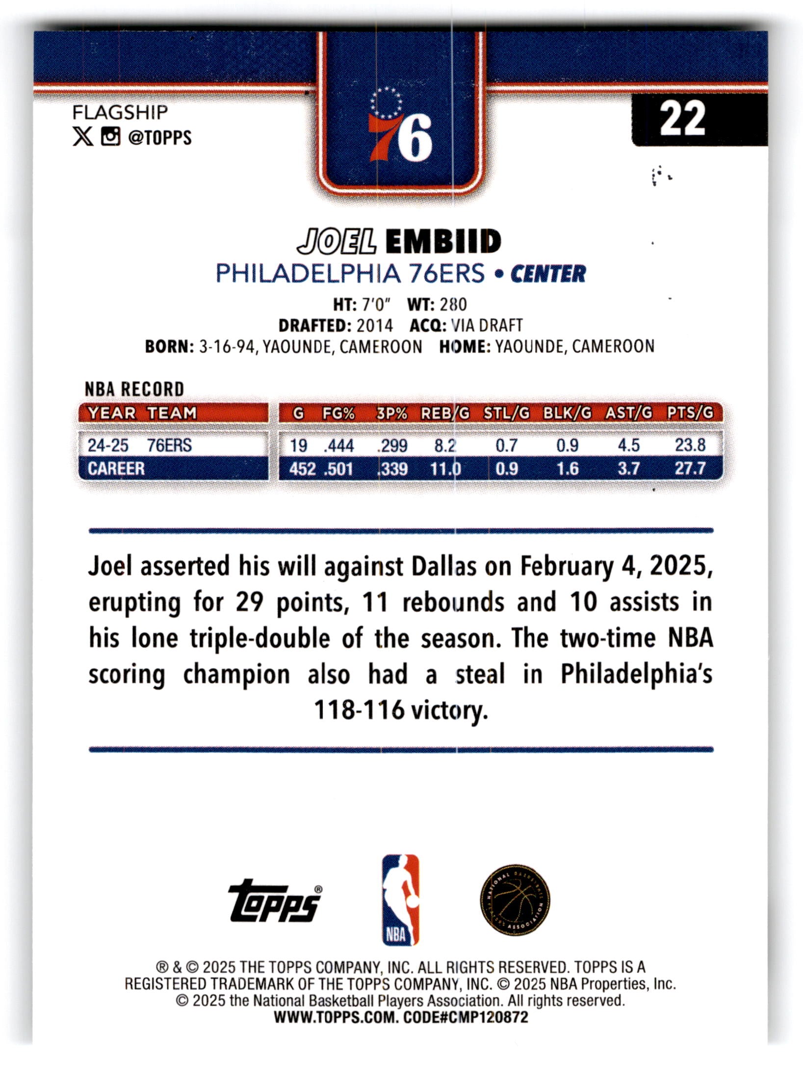 2025 Topps Flagship Joel Embiid #22