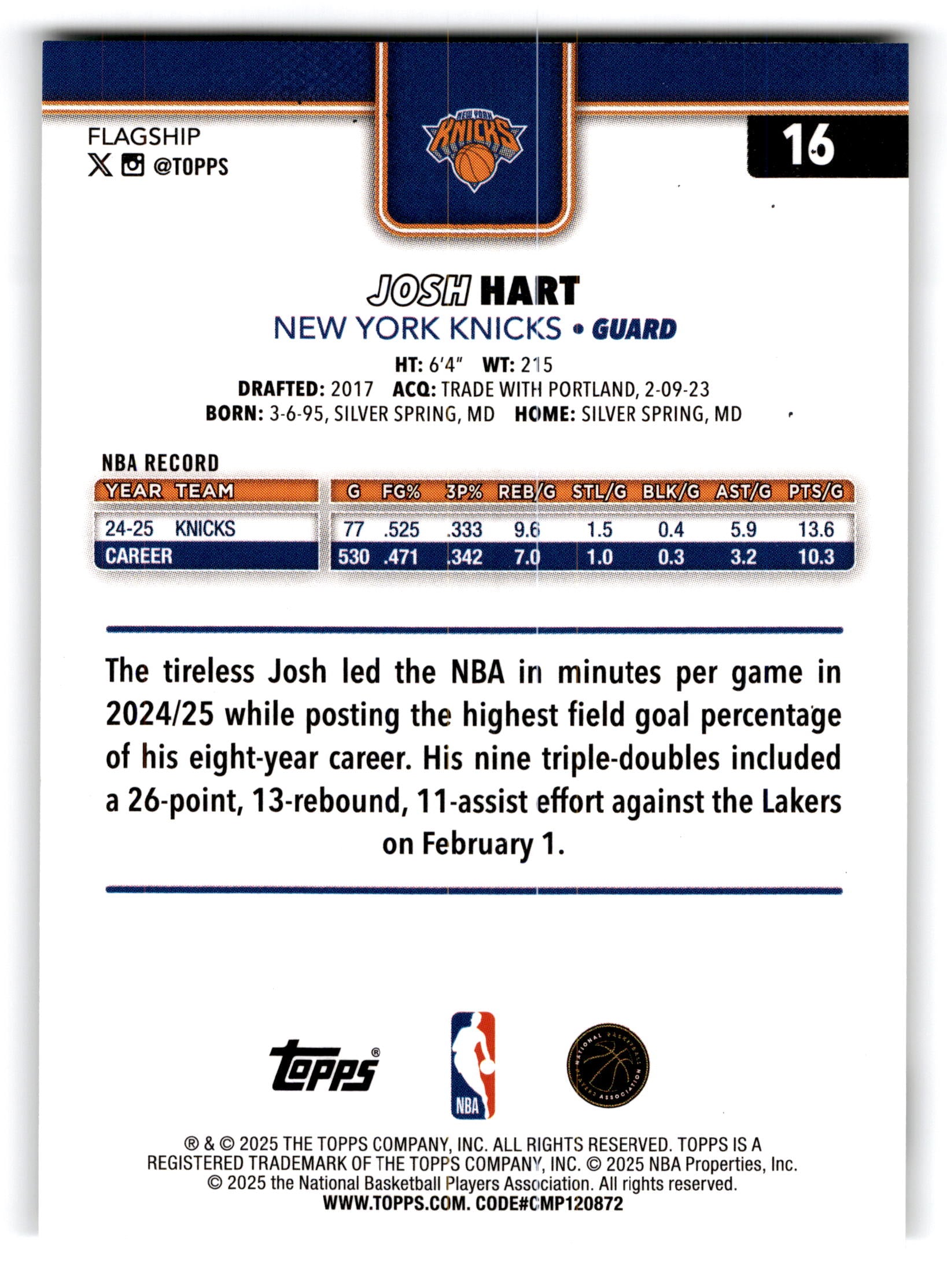 2025 Topps Basketball Josh Hart #16