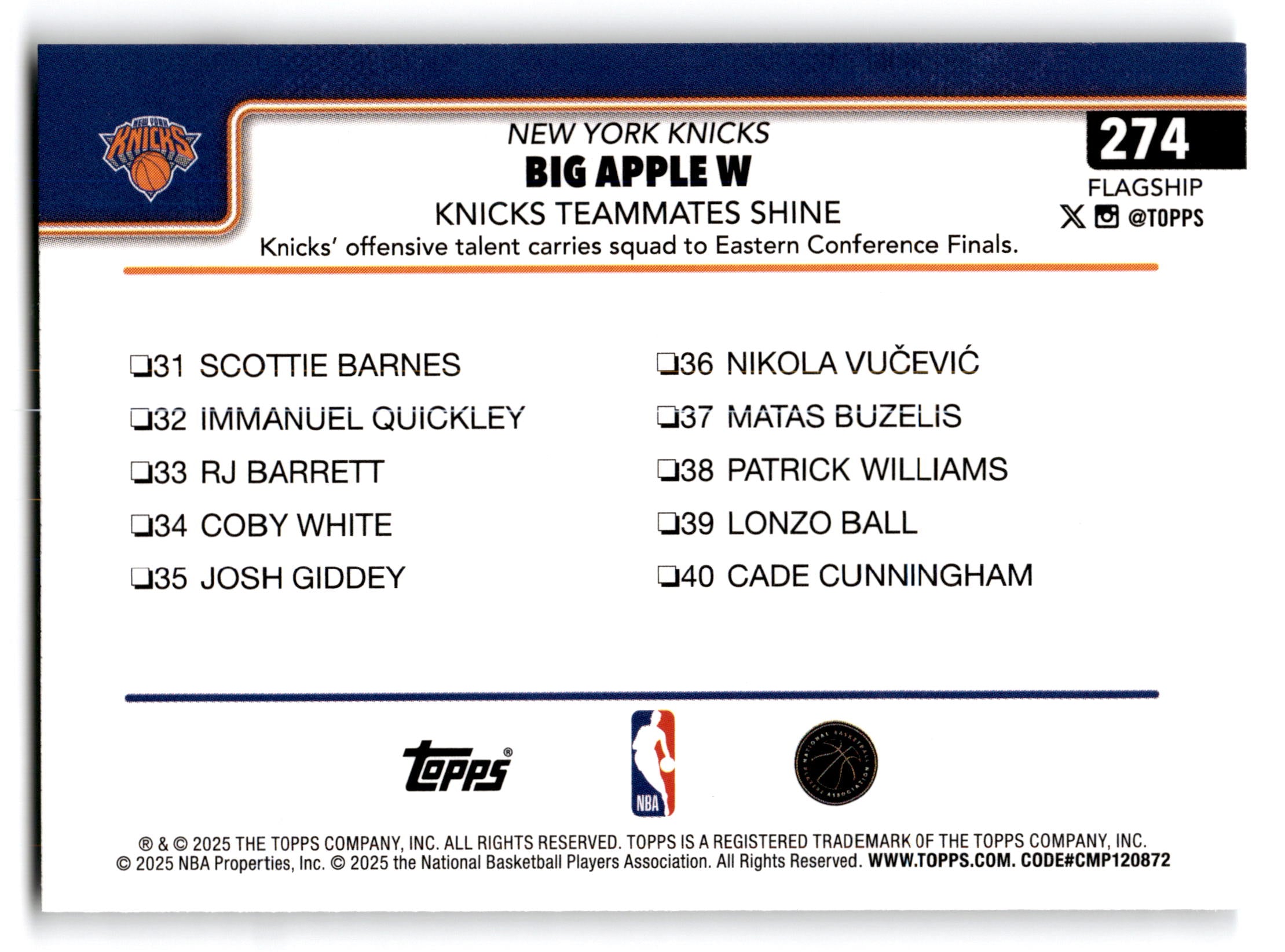 2025 Topps Flagship Big Apple W New York Knicks #274
