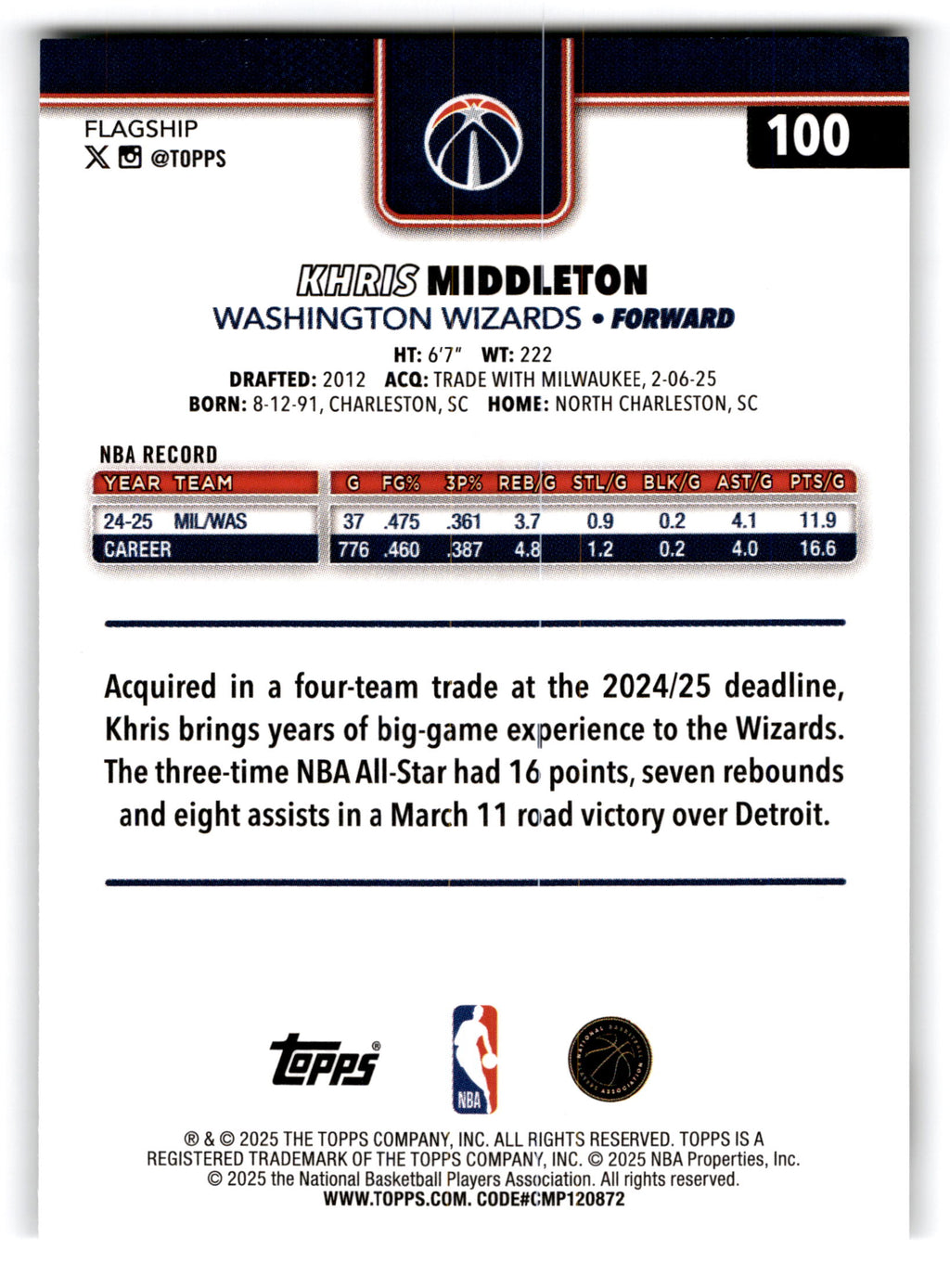 2025 Topps Flagship Khris Middleton #100