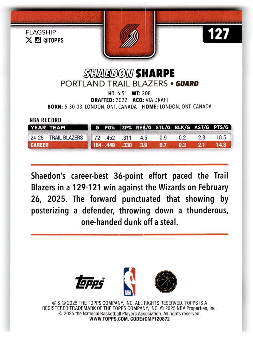 2025 Topps Flagship Shaedon Sharpe #127