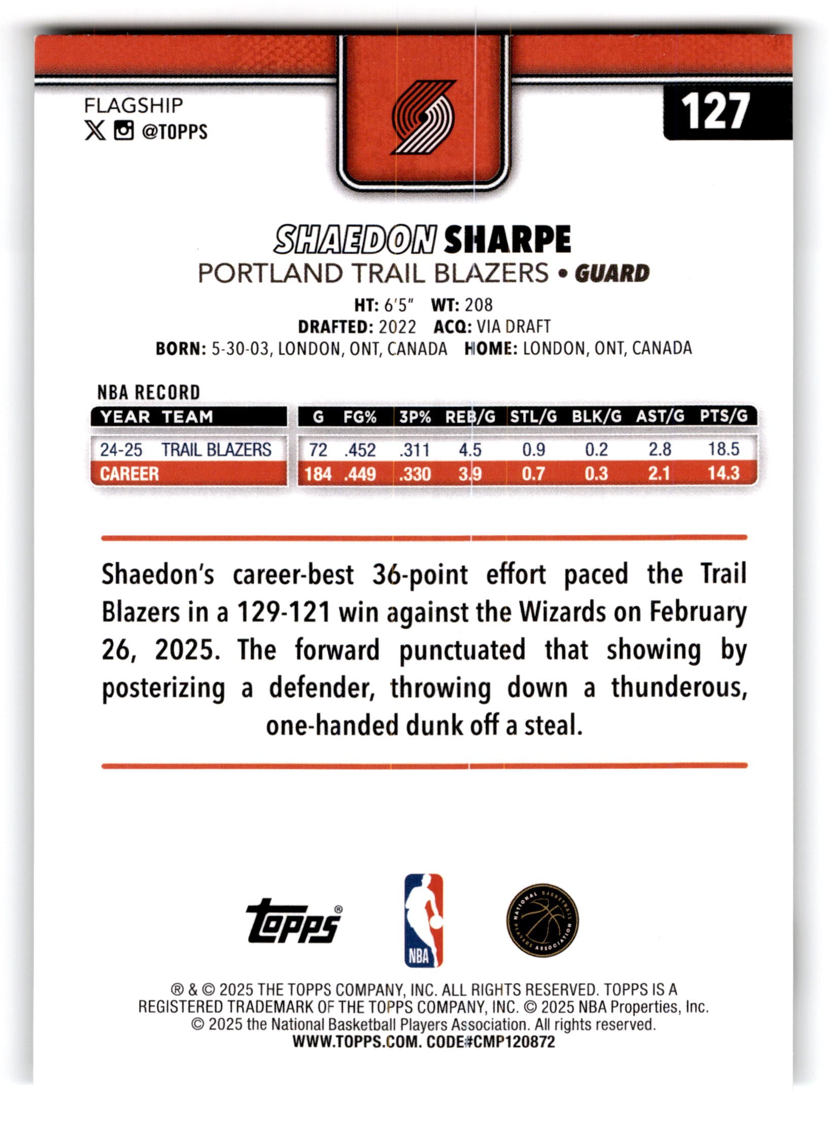 2025 Topps Flagship Shaedon Sharpe #127