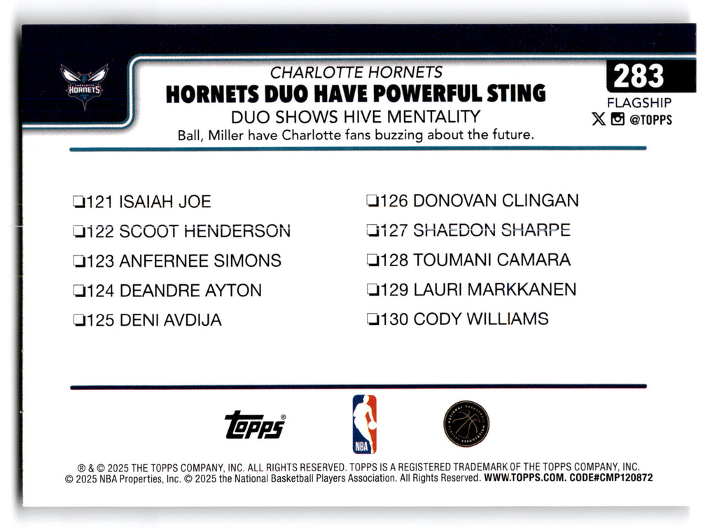 2025 Topps Basketball Brandon Miller LaMelo Ball #283