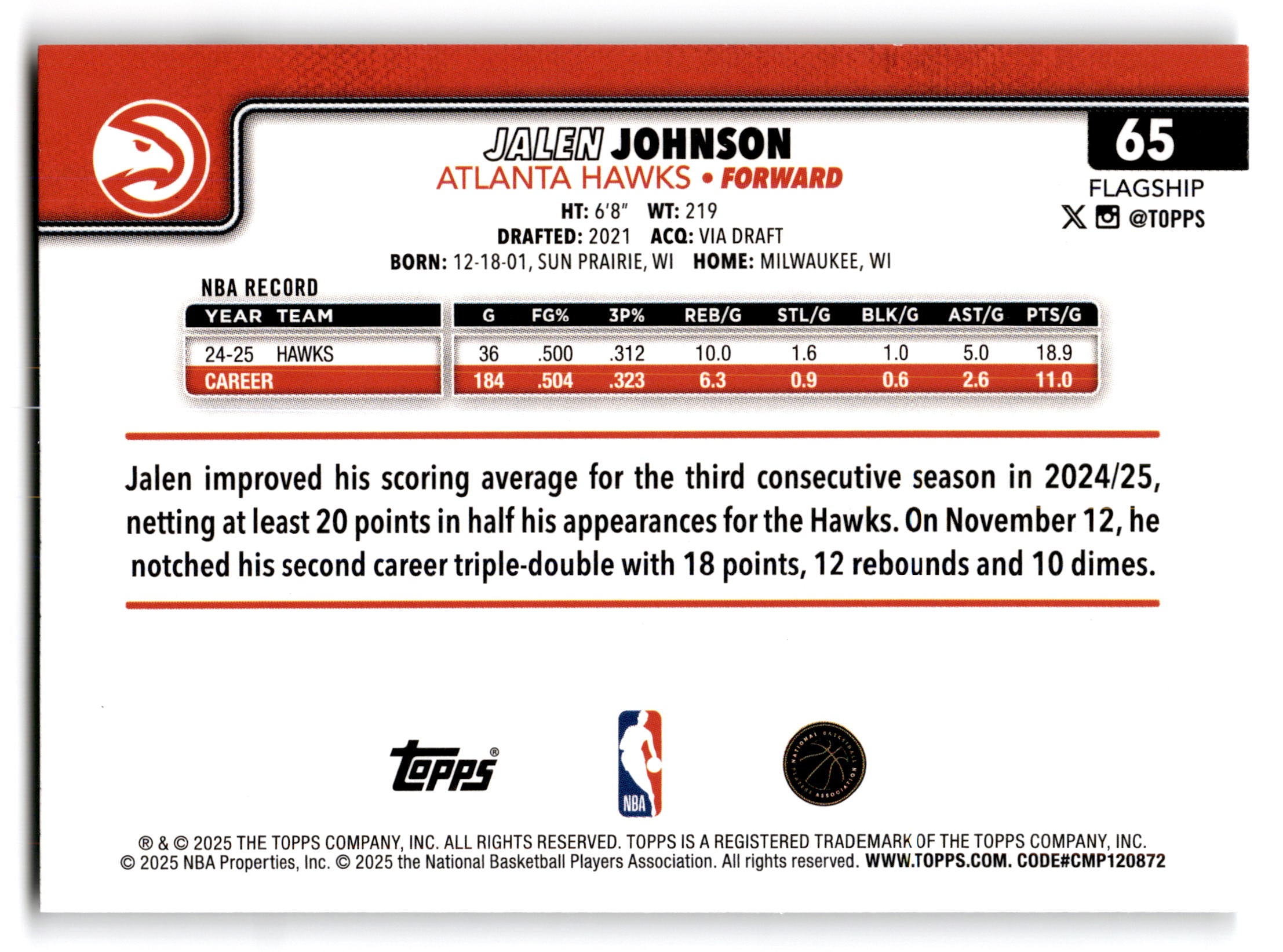 2025 Topps Flagship Jalen Johnson #65