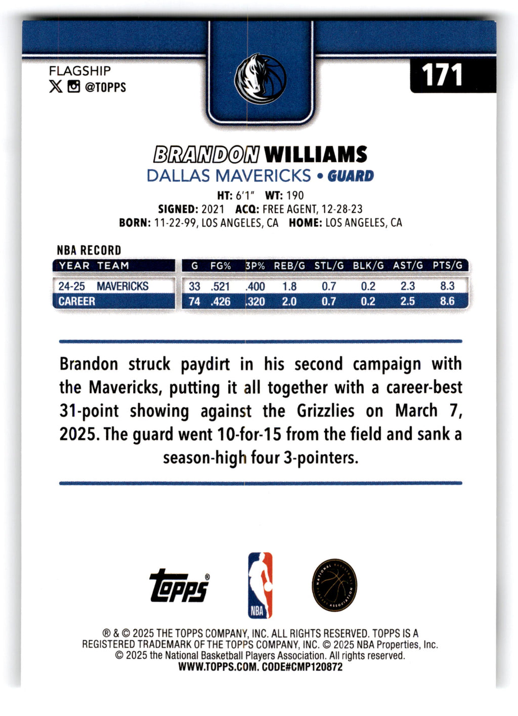 2025 Topps Flagship Brandon Williams #171