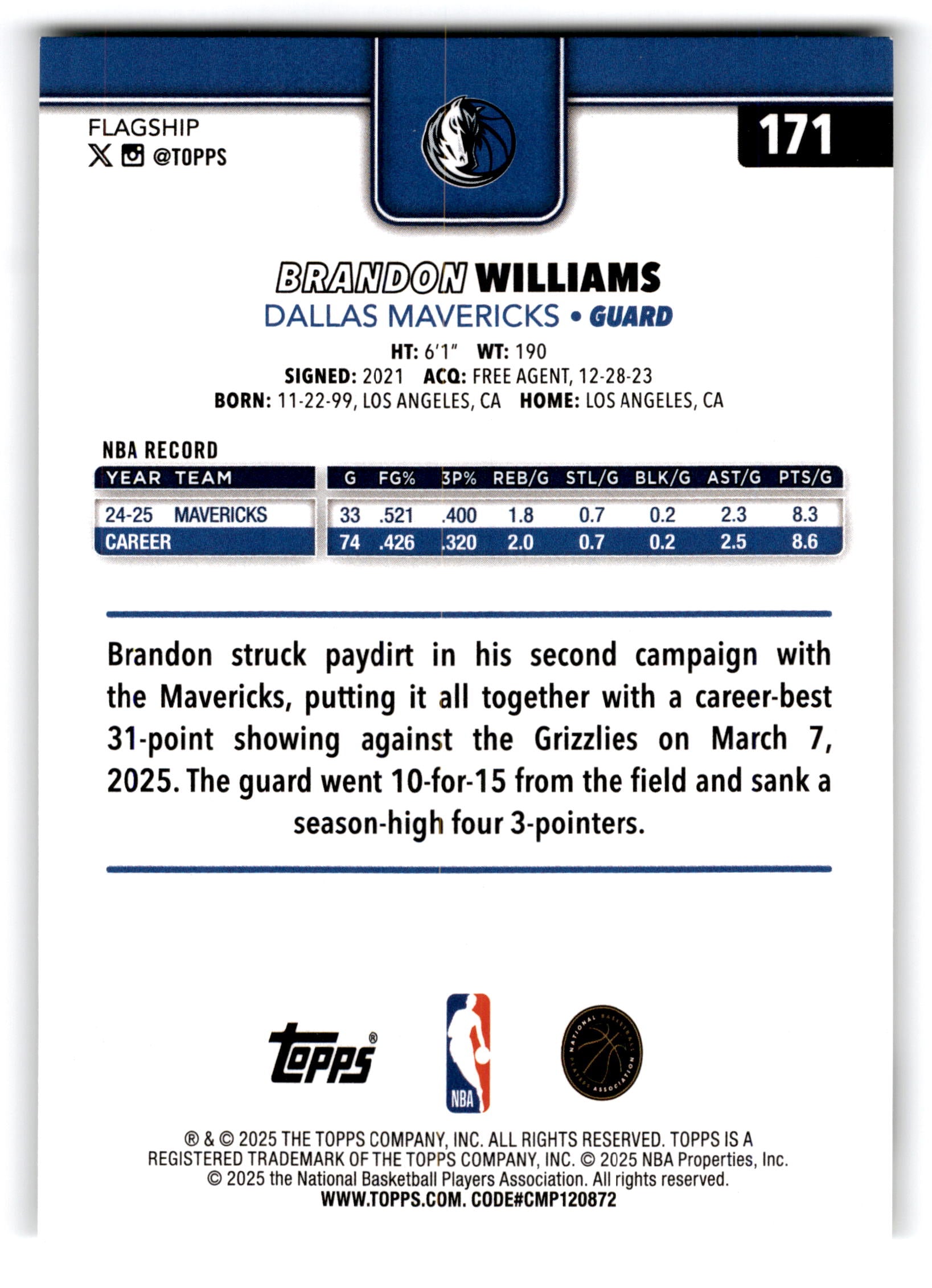2025 Topps Flagship Brandon Williams #171