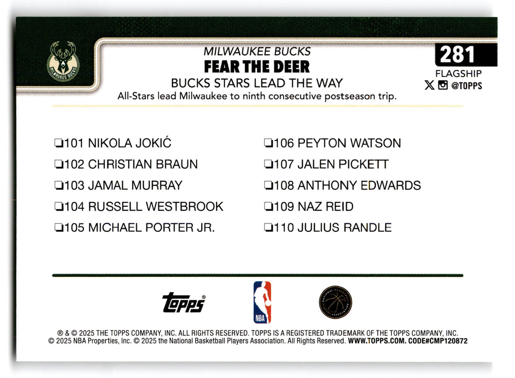 2025 Topps Flagship Milwaukee Bucks #281