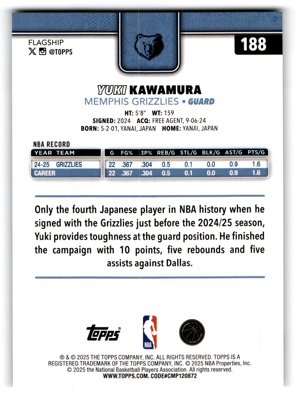 2025 Topps Basketball Yuki Kawamura #188