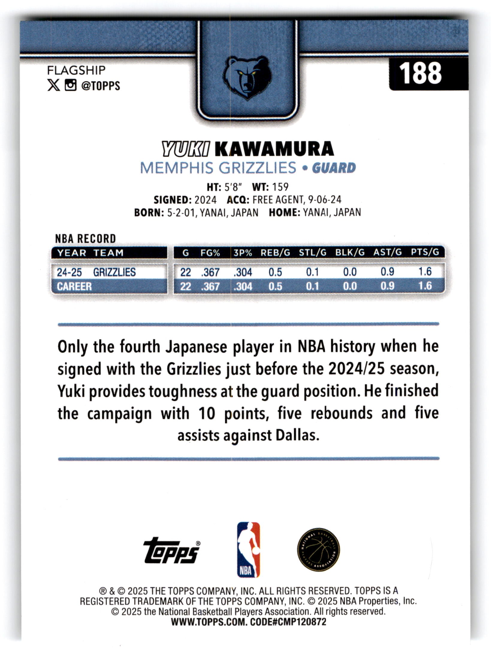 2025 Topps Basketball Yuki Kawamura #188