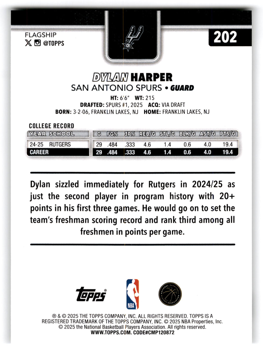 2025 Topps Flagship Dylan Harper #202 RC