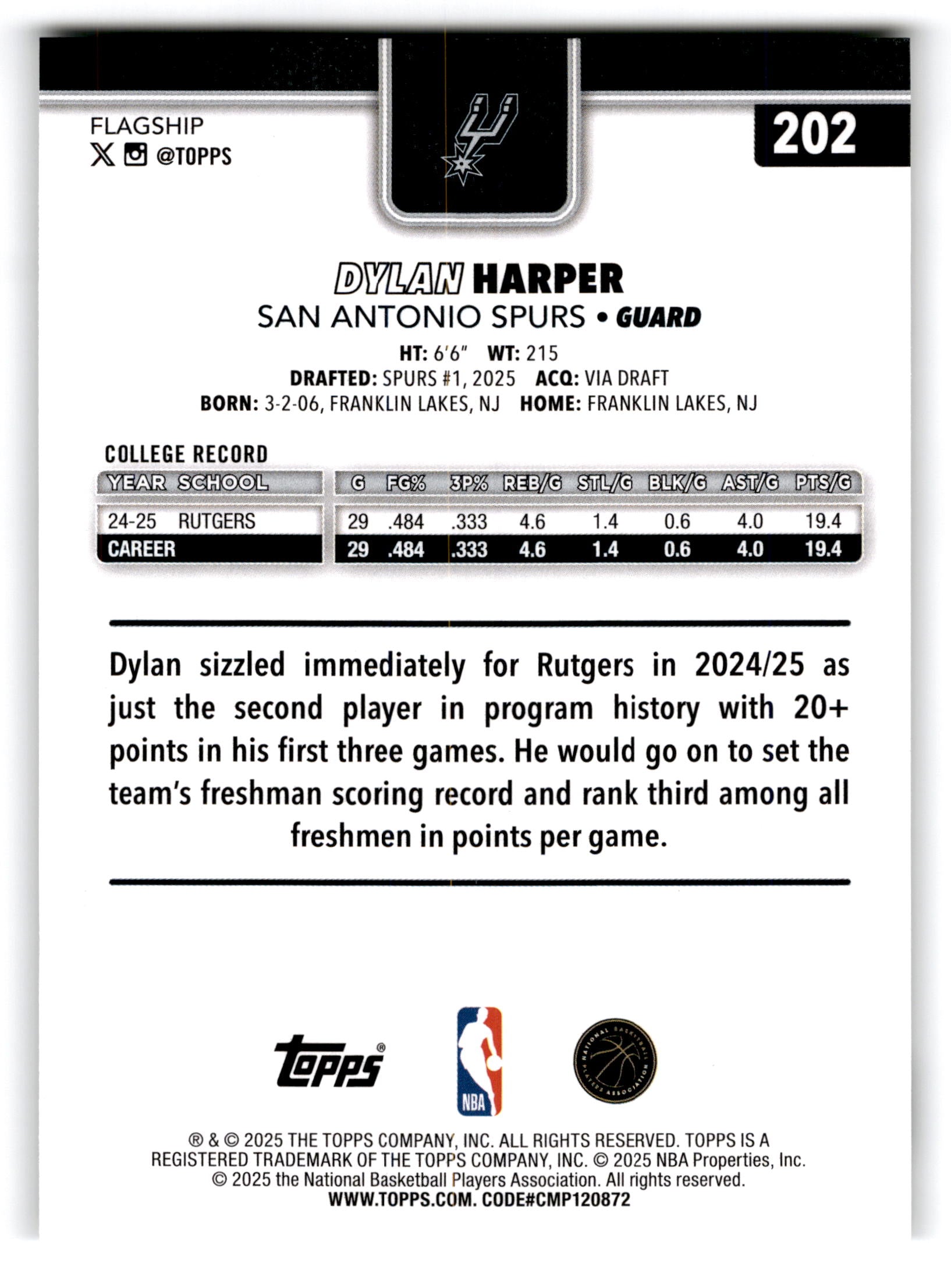 2025 Topps Flagship Dylan Harper #202 RC