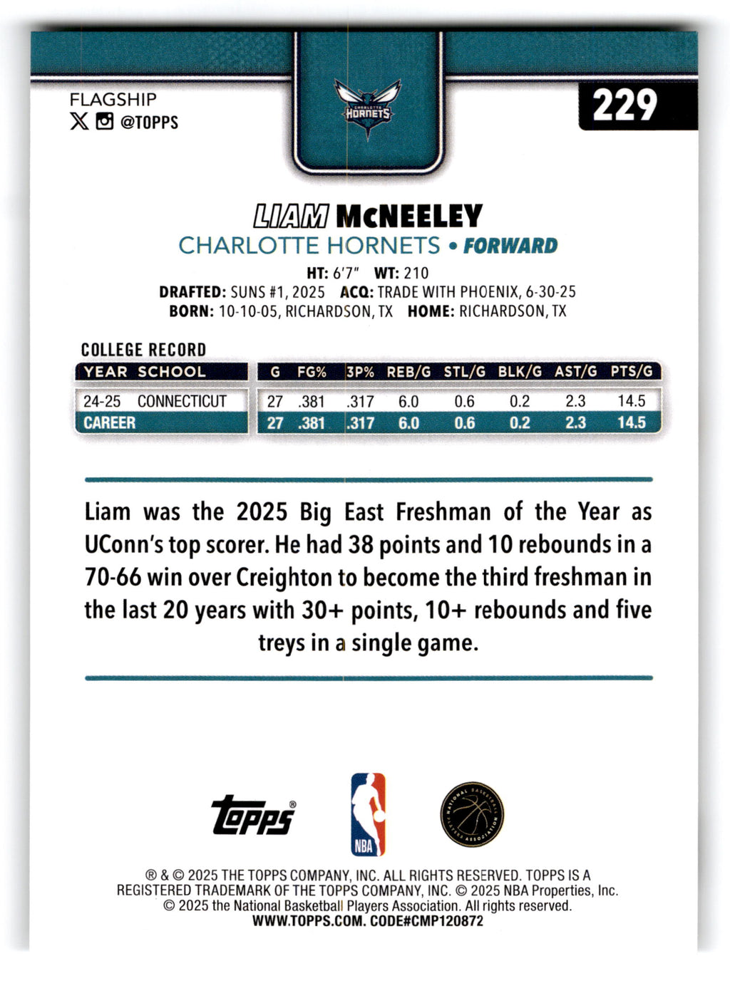 2025 Topps Flagship Liam McNeeley #229 RC
