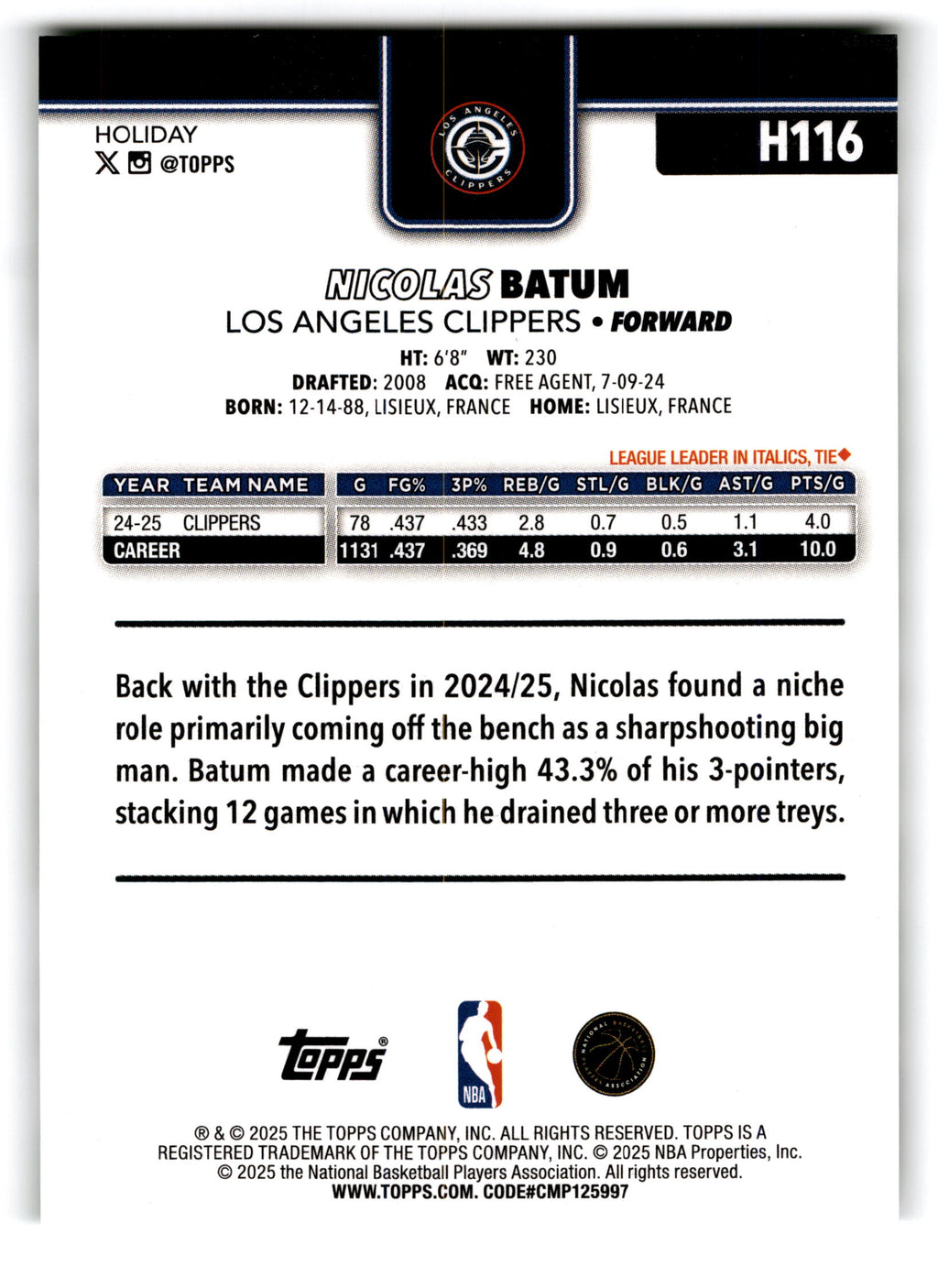 2025 Topps Holiday Nicolas Batum #H116