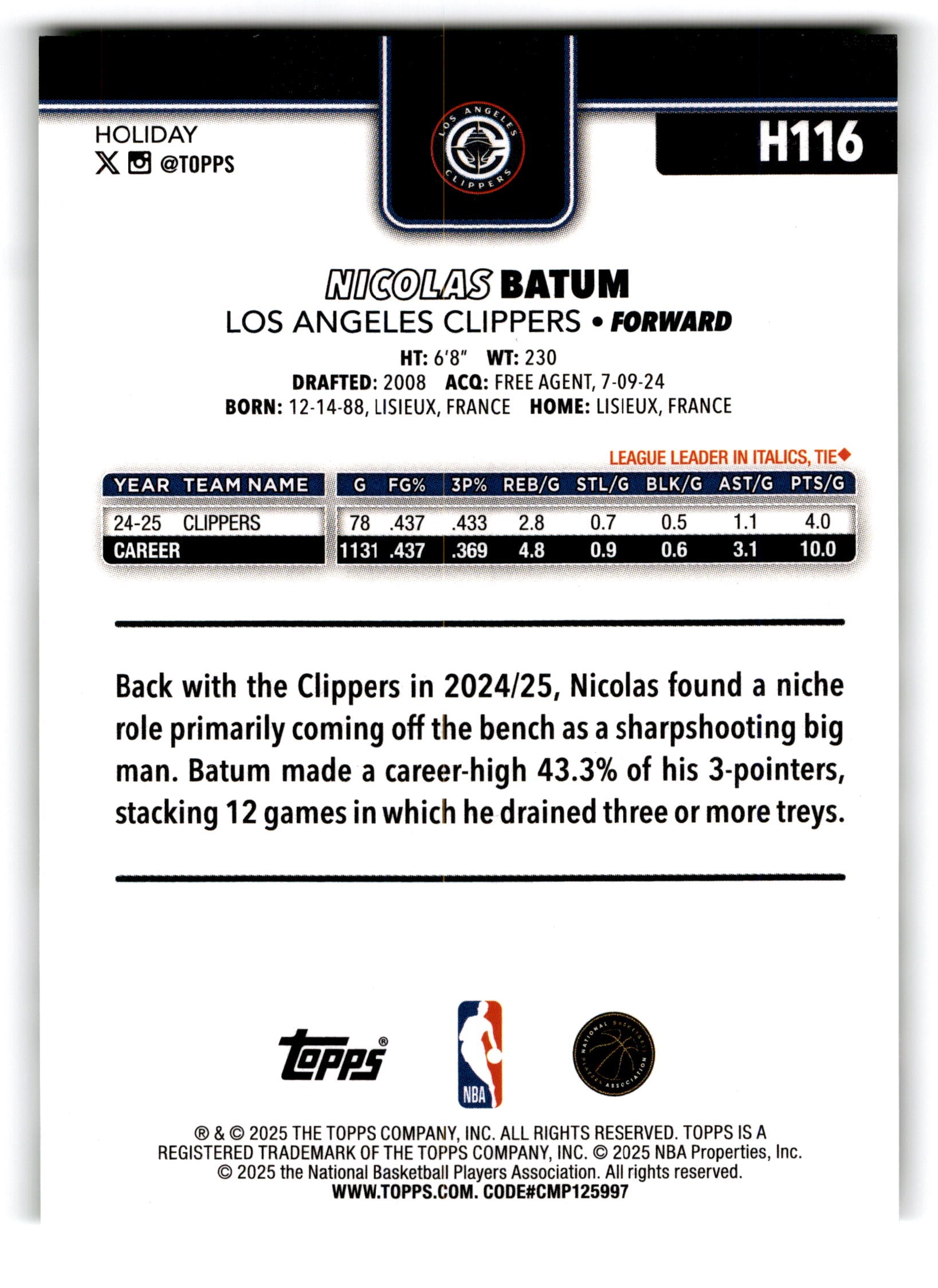 2025 Topps Holiday Nicolas Batum #H116
