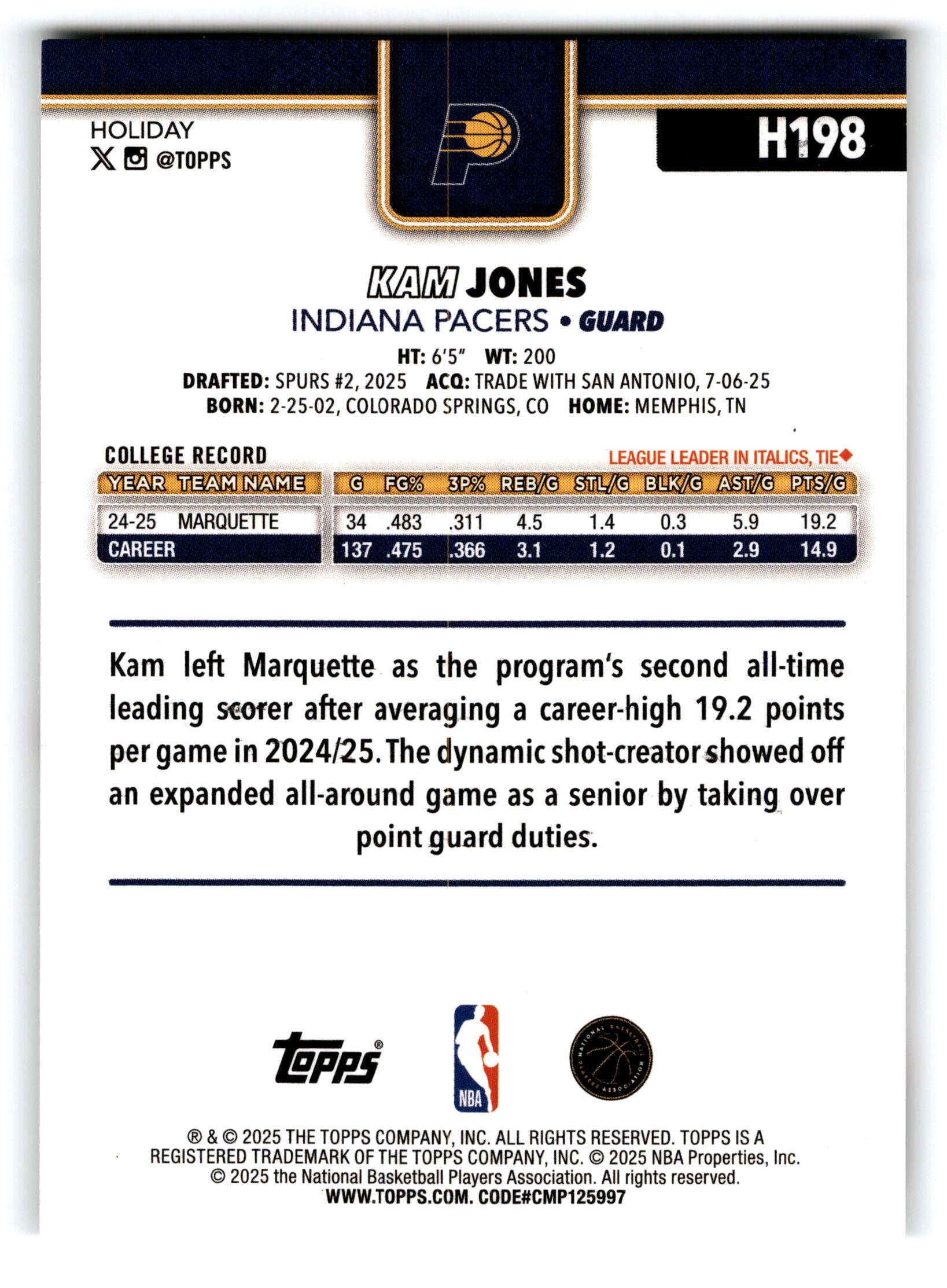 2025 Topps Holiday Kam Jones #H198 RC