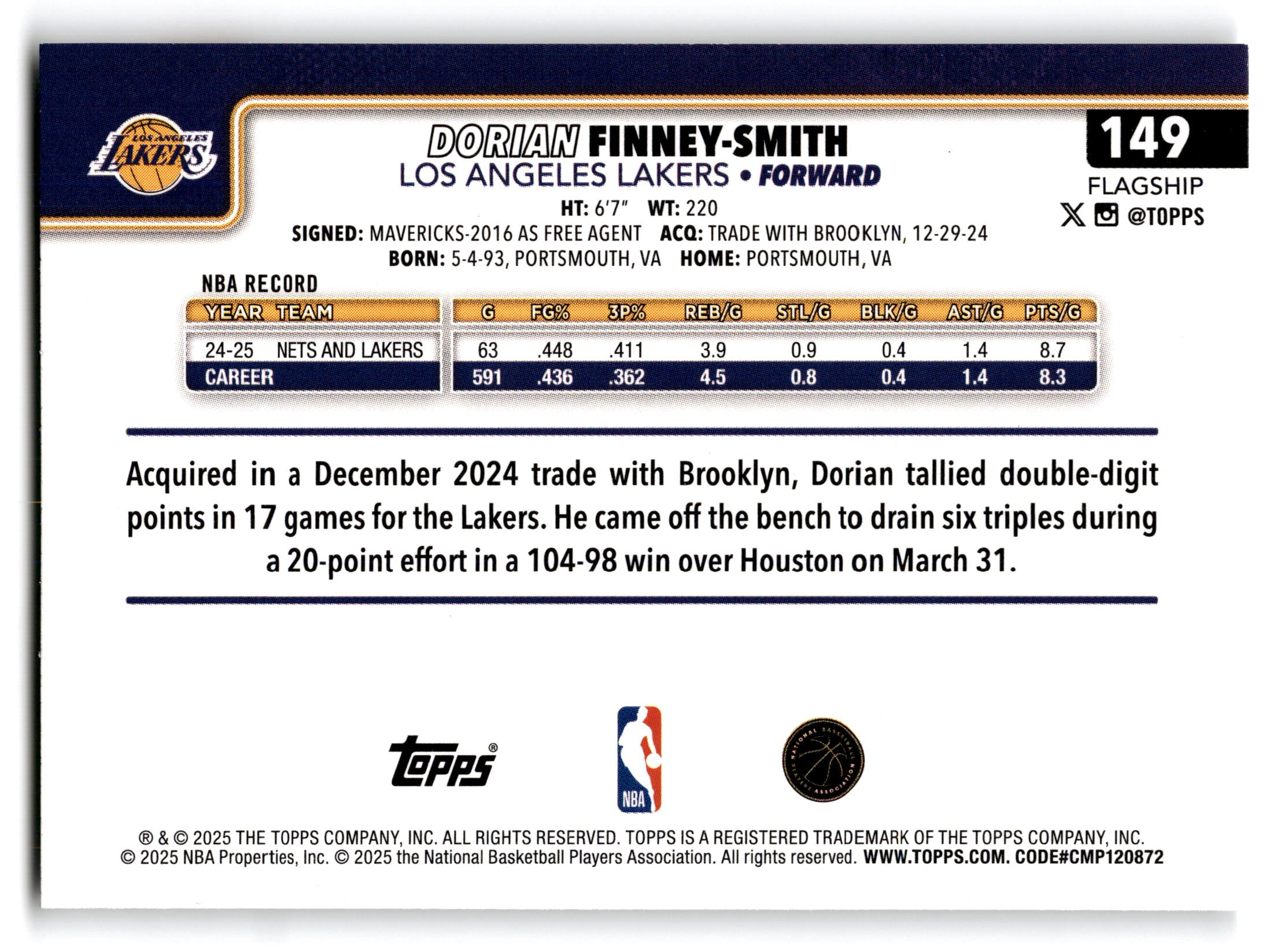 2025 Topps Flagship Dorian Finney-Smith #149