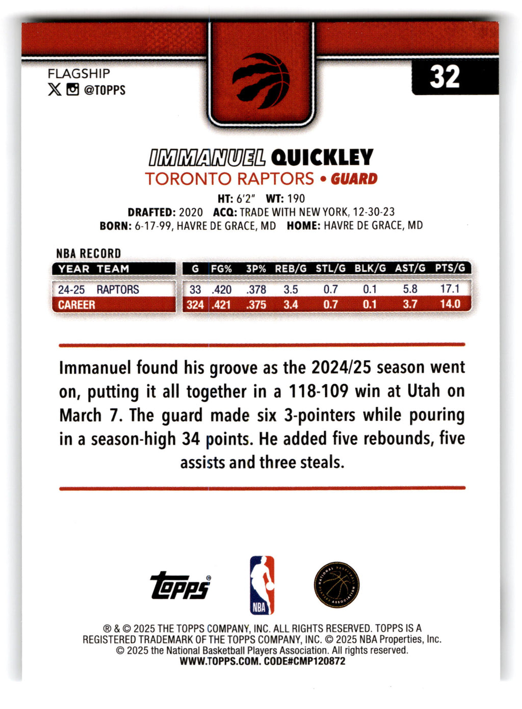 2025 Topps Basketball Immanuel Quickley #32
