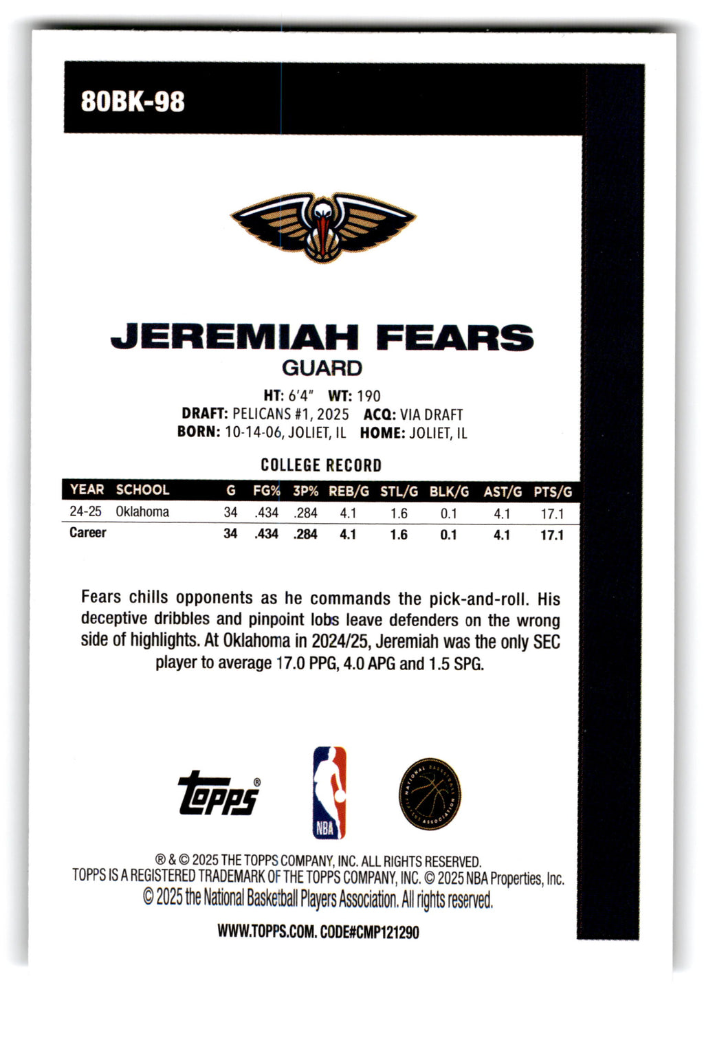 2025 Topps Jeremiah Fears #80BK-98 RC