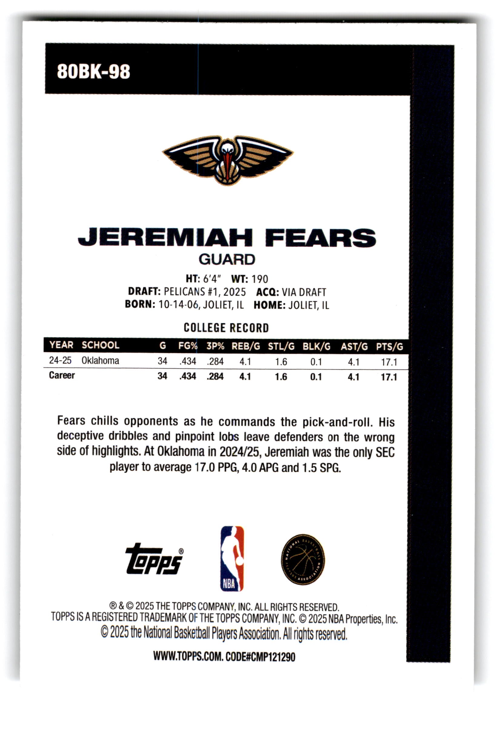 2025 Topps Jeremiah Fears #80BK-98 RC