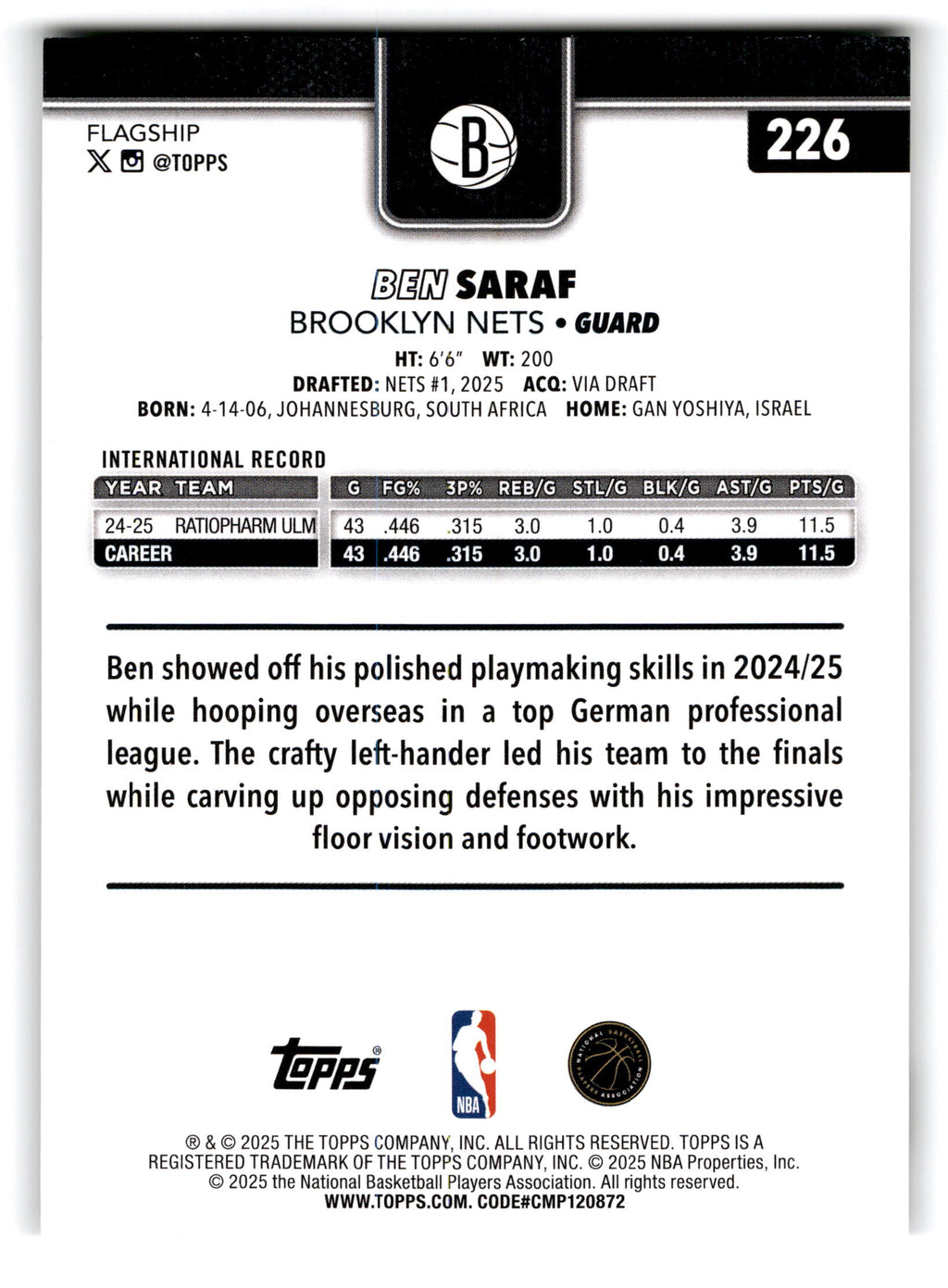 2025 Topps Flagship Basketball Ben Saraf #226 RC