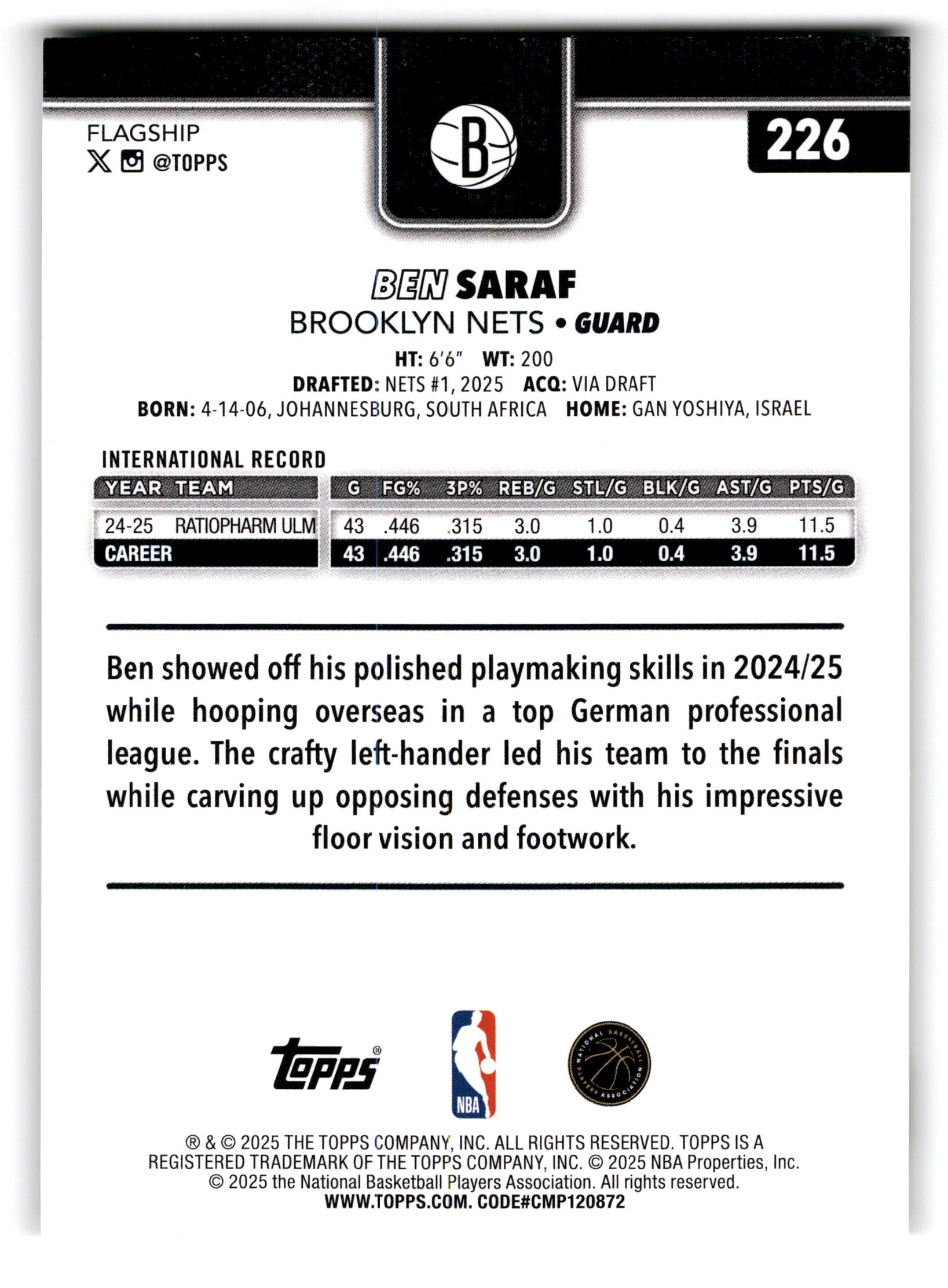2025 Topps Flagship Basketball Ben Saraf #226 RC