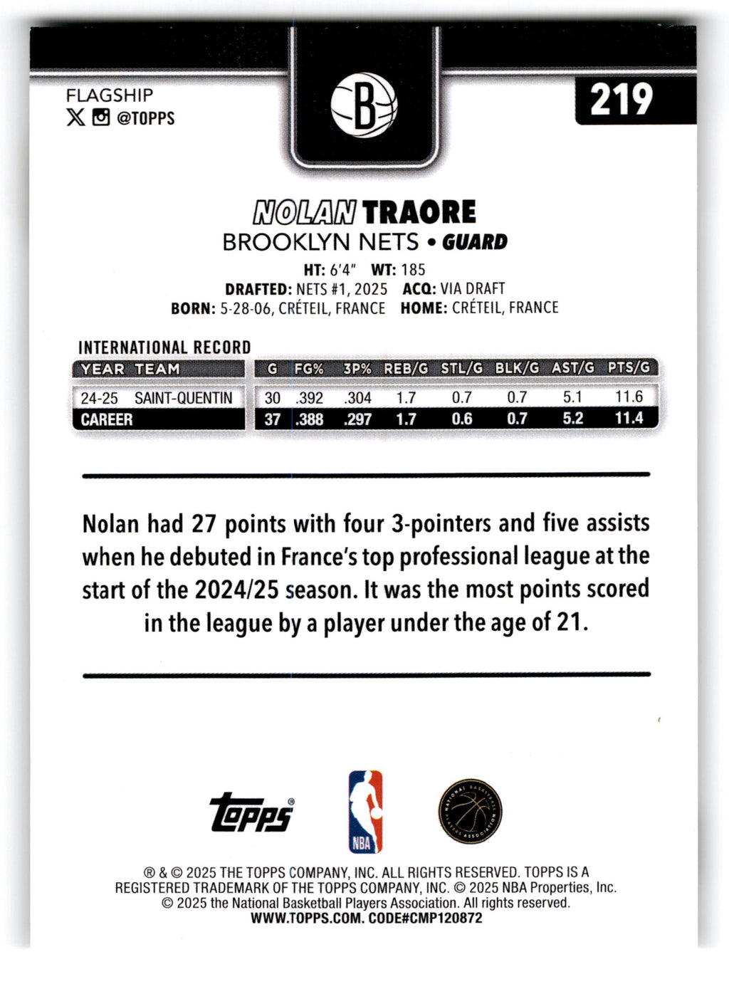 2025 Topps Flagship Nolan Traore #219 RC