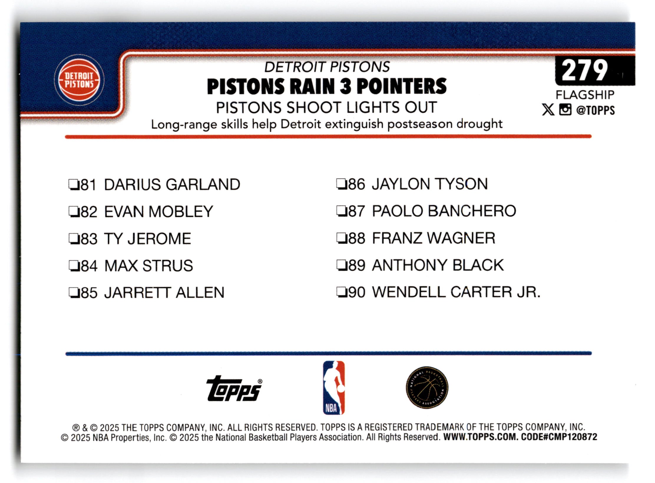 2025 Topps Basketball Flagship Detroit Pistons #279