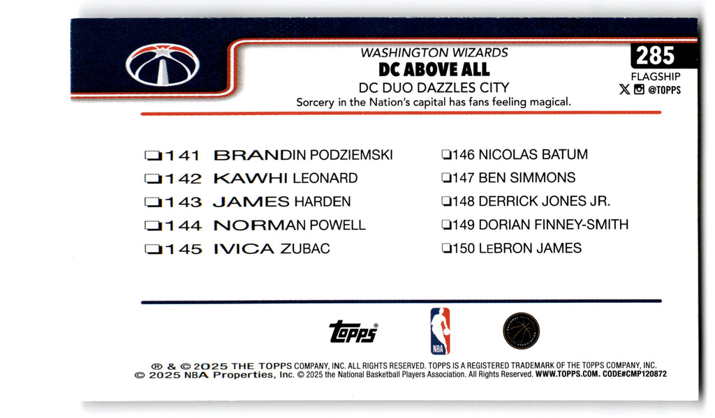 2025 Topps Basketball Flagship Washington Wizards (Team Card) #285 Base