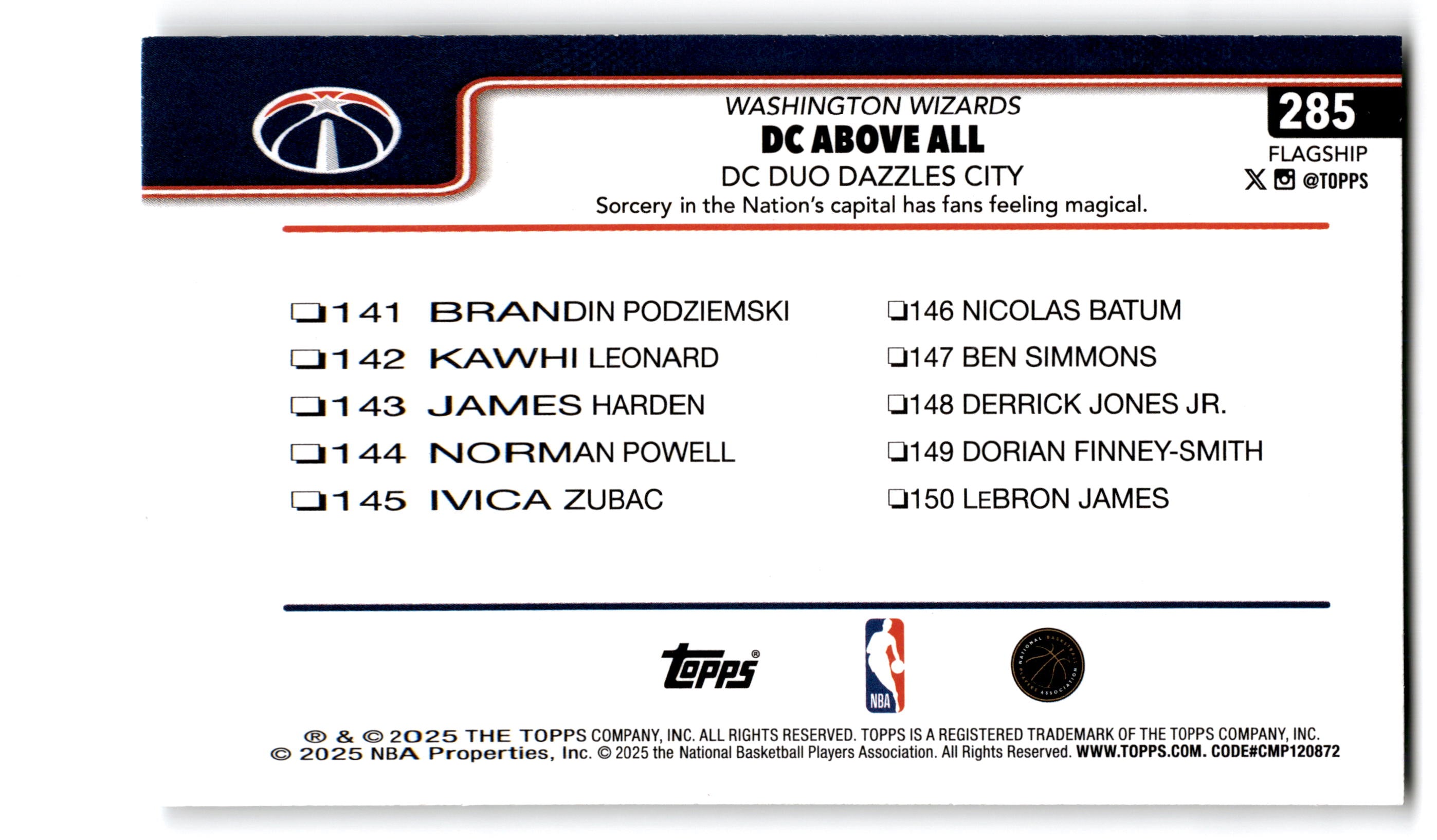 2025 Topps Basketball Flagship Washington Wizards (Team Card) #285 Base