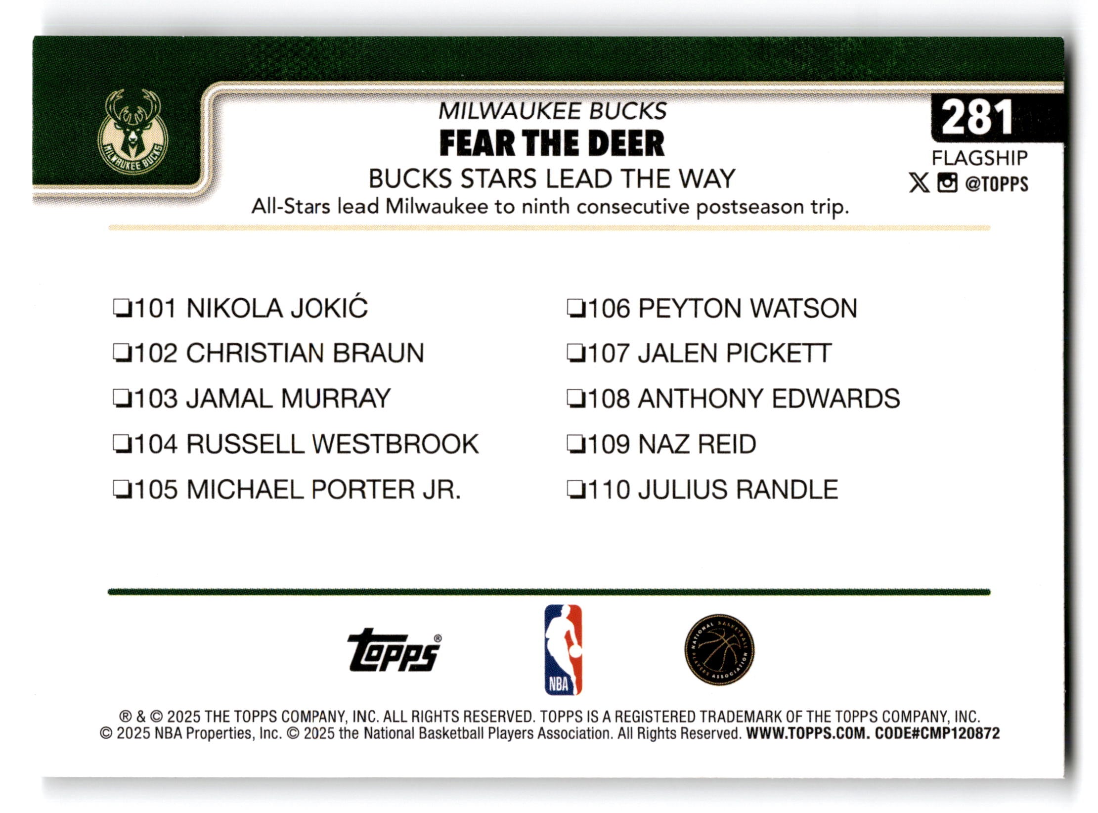 2025 Topps Flagship Milwaukee Bucks #281