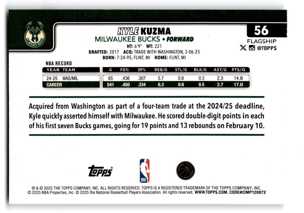2025 Topps Flagship Kyle Kuzma #56