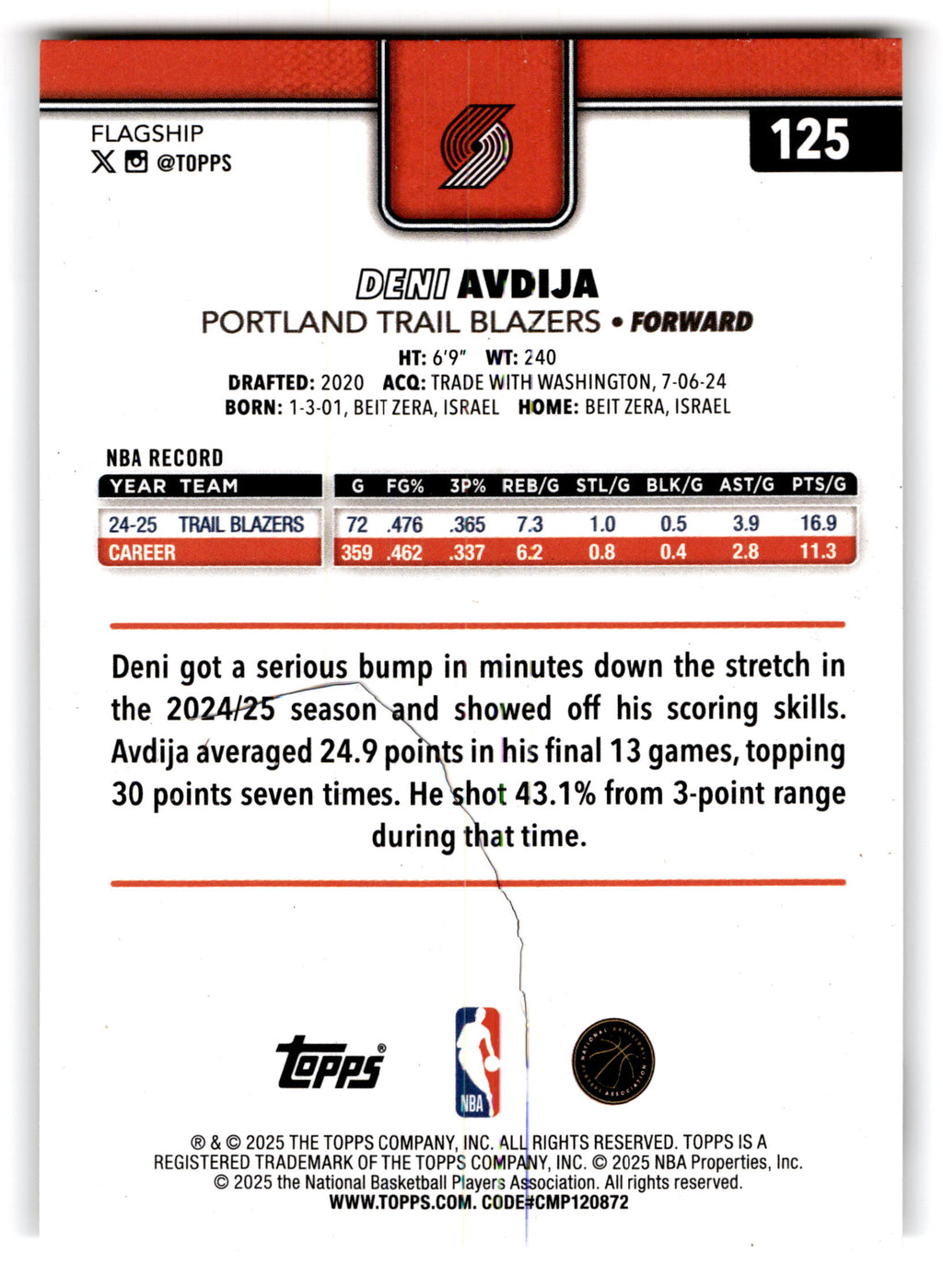 2025 Topps Flagship Basketball Deni Avdija #125