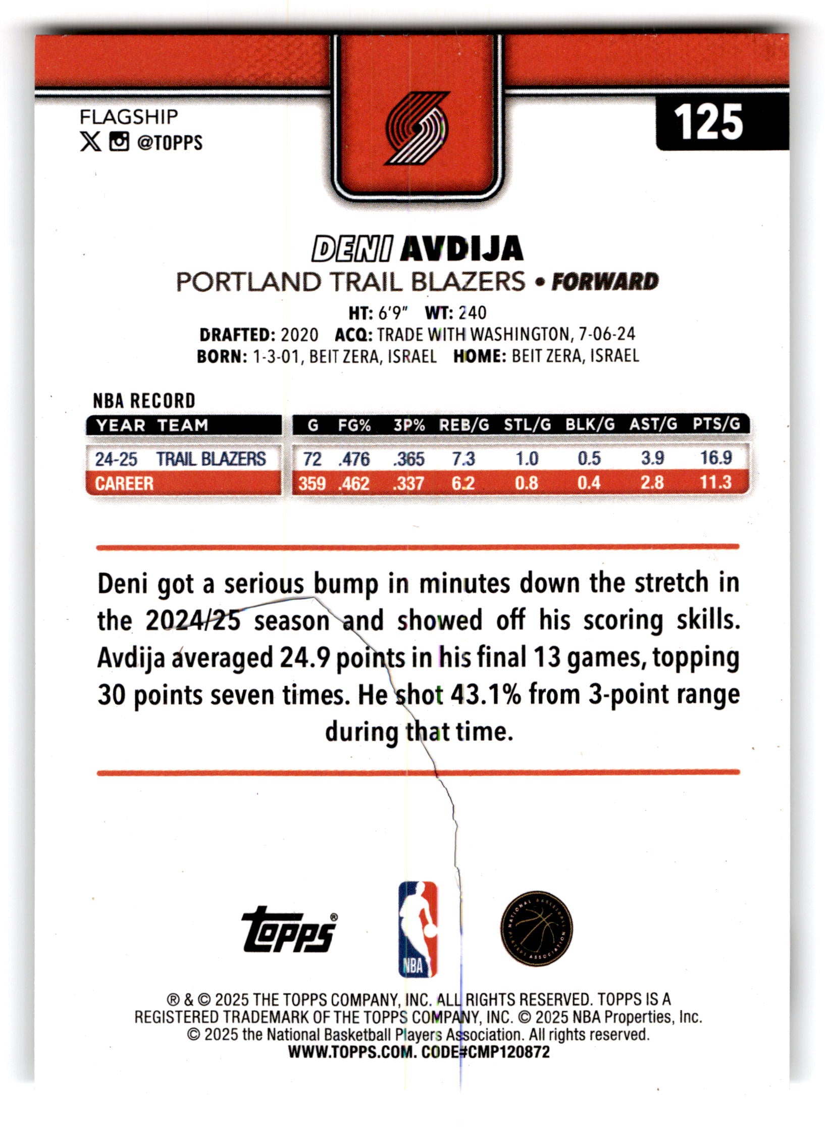2025 Topps Flagship Basketball Deni Avdija #125