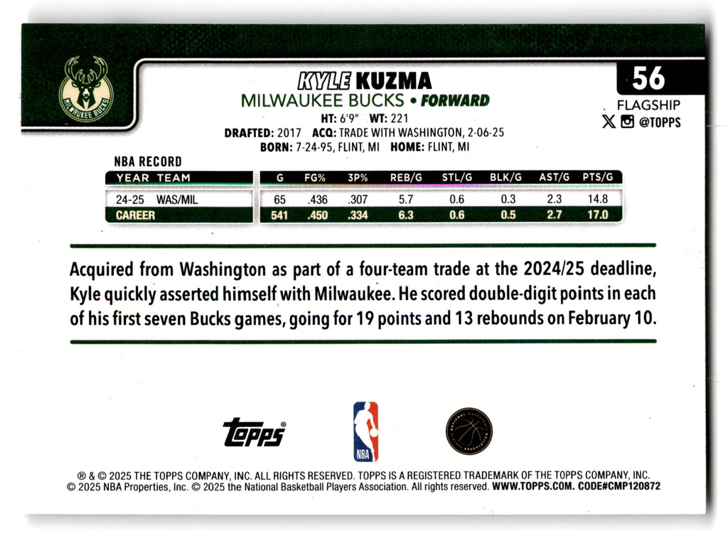 2025 Topps Flagship Kyle Kuzma #56