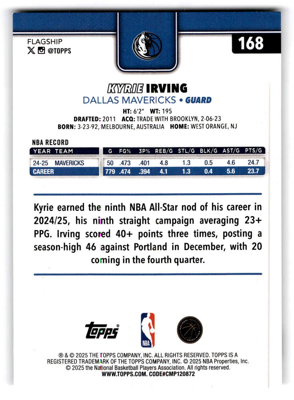 2025 Topps Flagship Basketball Kyrie Irving #168