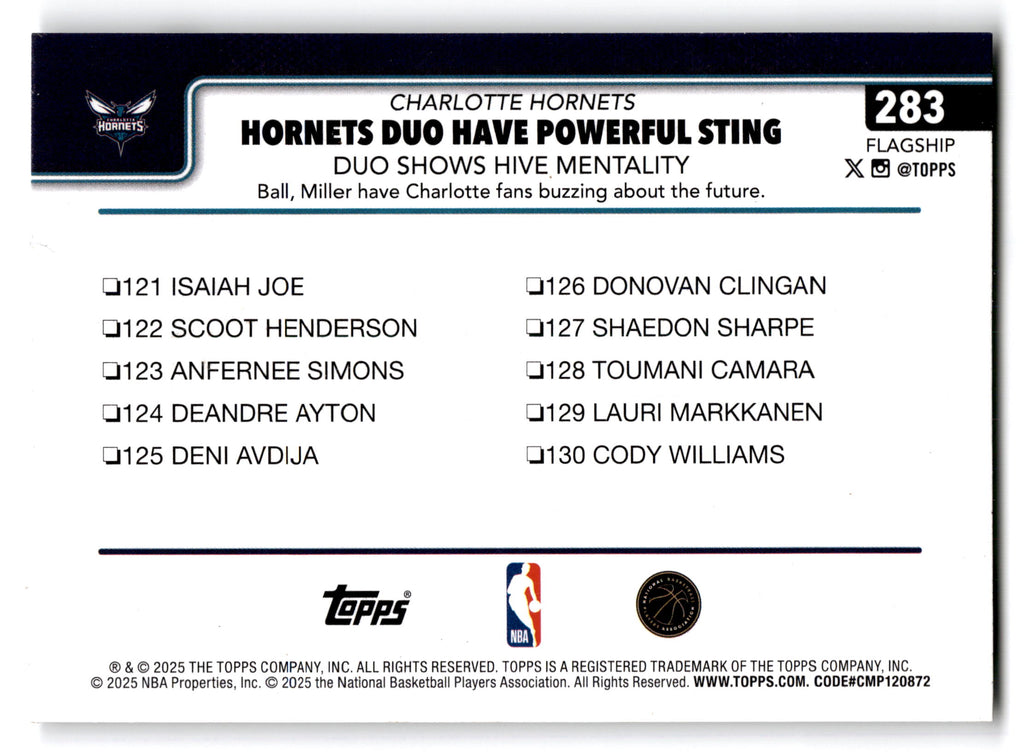2025 Topps Flagship Basketball Brandon Miller LaMelo Ball #283